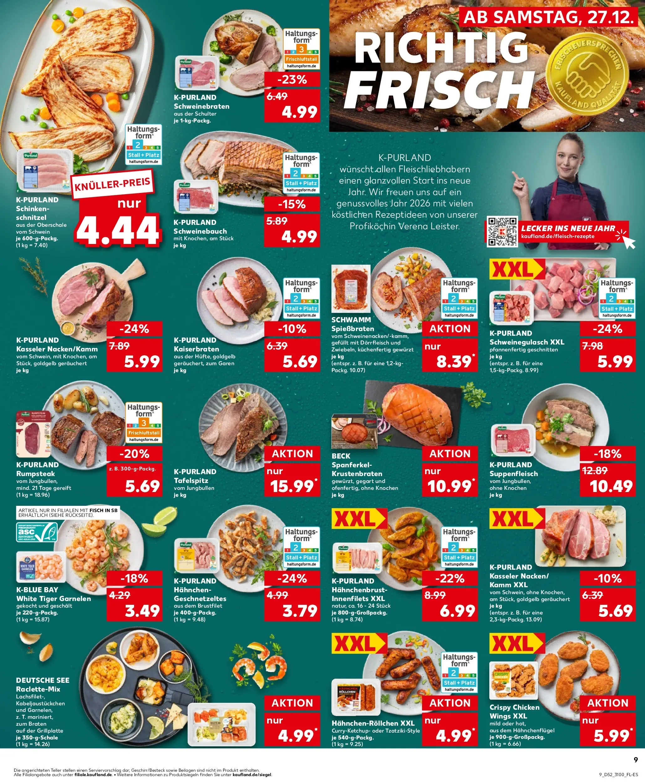 Prospekt Kaufland ab 27.12.2025 » Angebote Online zum Blättern | Seite: 9 | Produkte: Schweinegulasch, Tiger garnelen, Steak, Hahnchenbrust