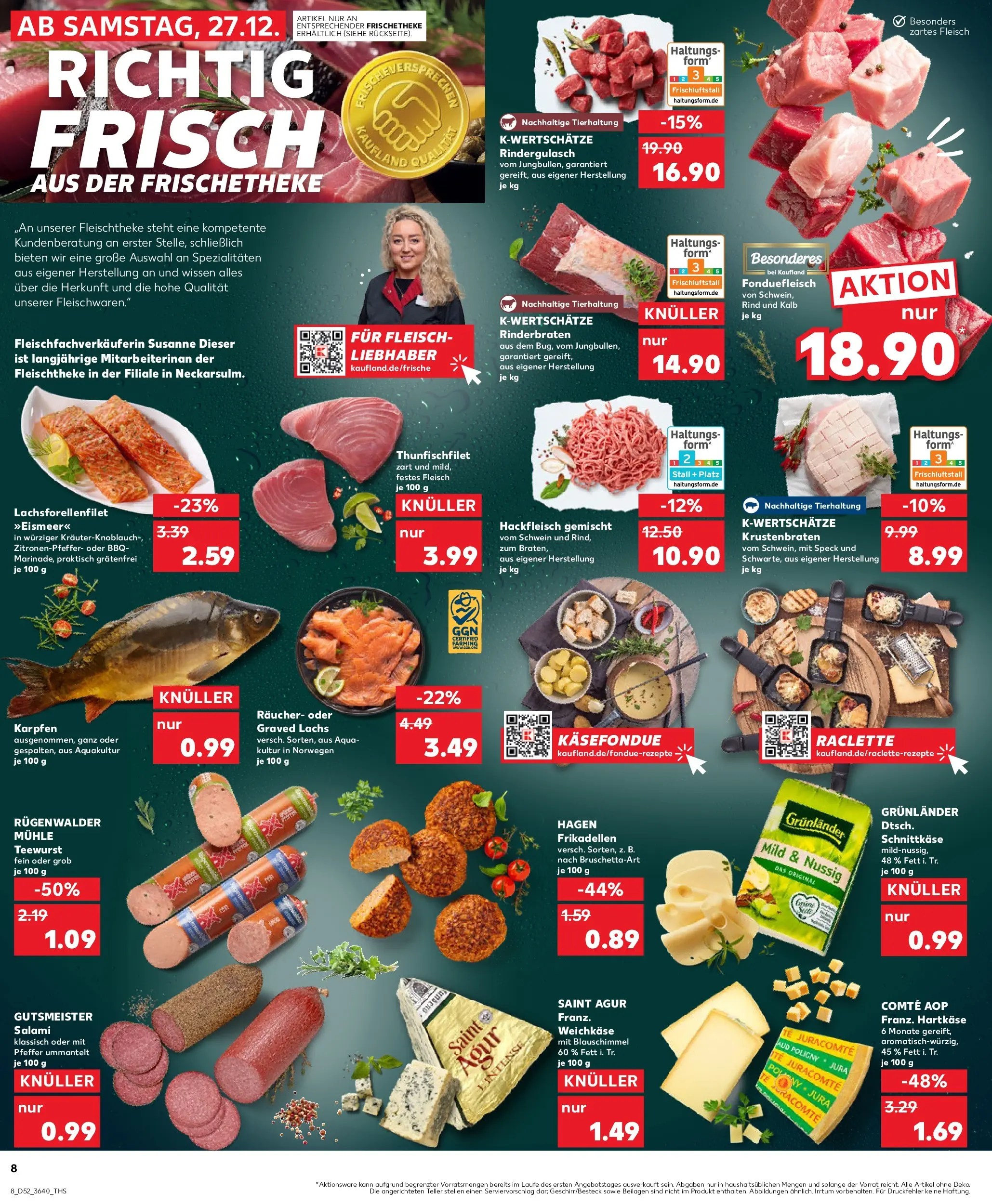 Prospekt Kaufland ab 27.12.2025 » Angebote Online zum Blättern | Seite: 8 | Produkte: Rindergulasch, Lachs, Fondue, Hackfleisch