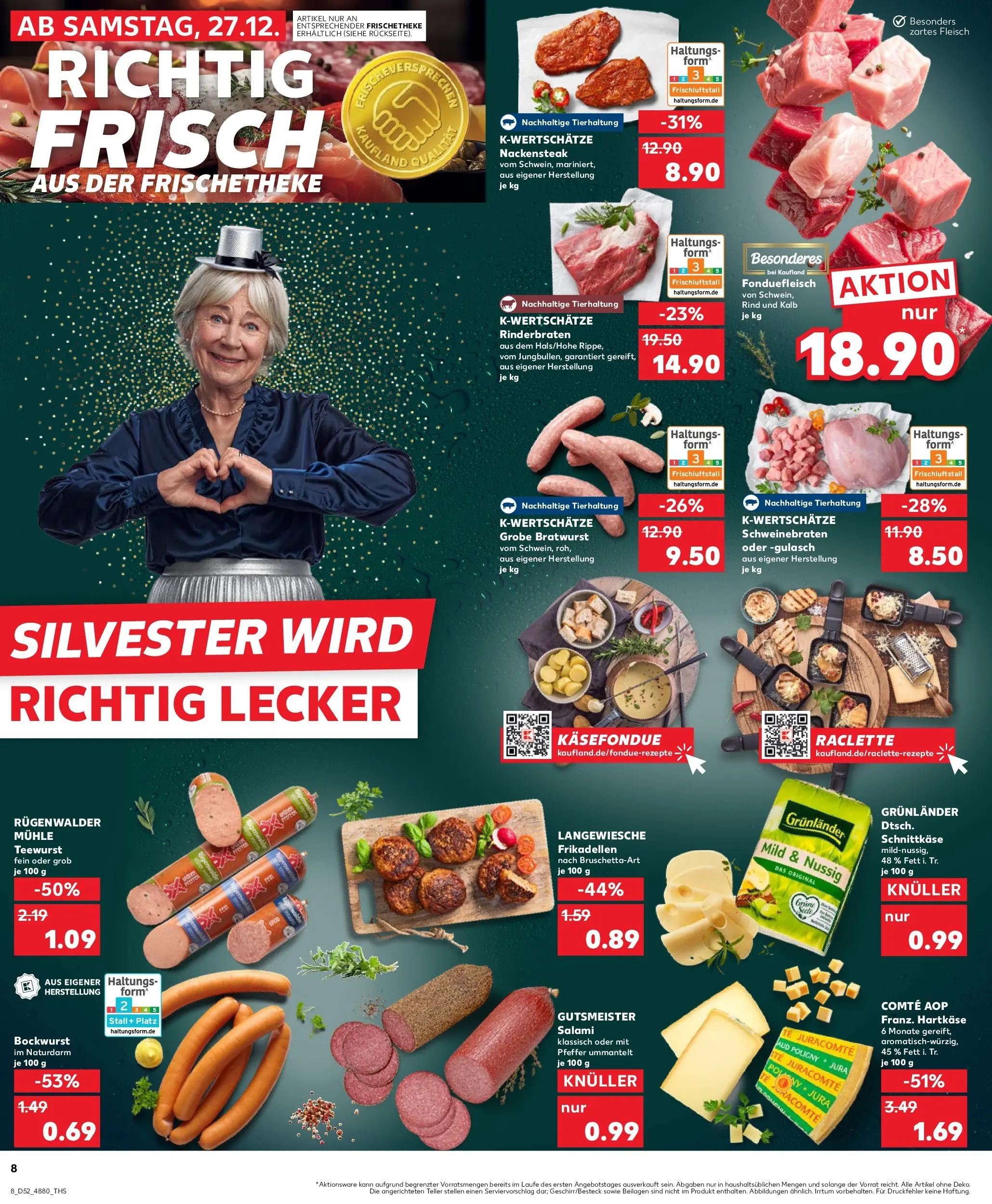 Prospekt Kaufland ab 27.12.2025 » Angebote Online zum Blättern | Seite: 8 | Produkte: Bockwurst, Gulasch, Salami, Raclette