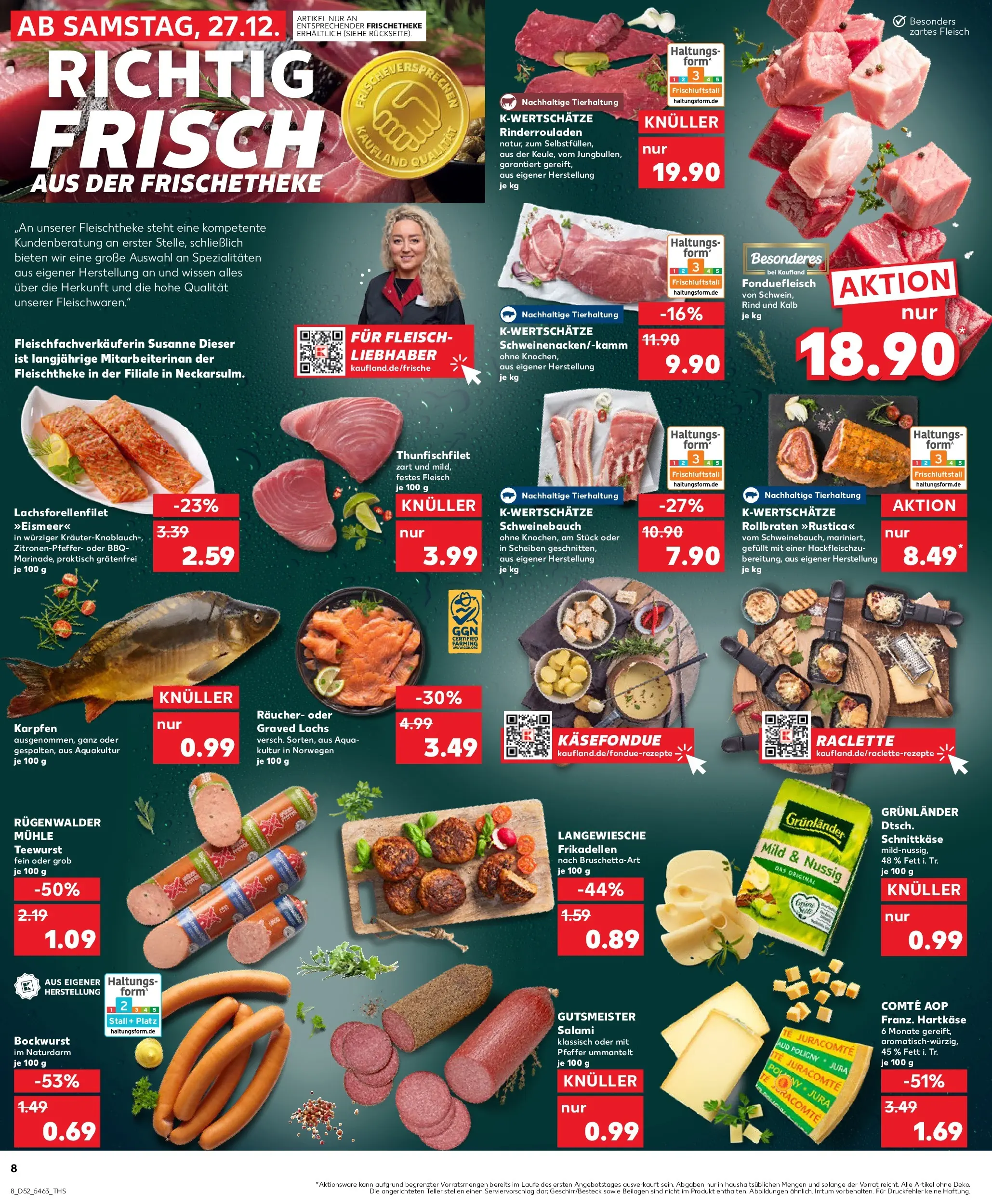 Prospekt Kaufland ab 26.12.2025 » Angebote Online zum Blättern | Seite: 8 | Produkte: Rinderrouladen, Pfeffer, Salami, Raclette