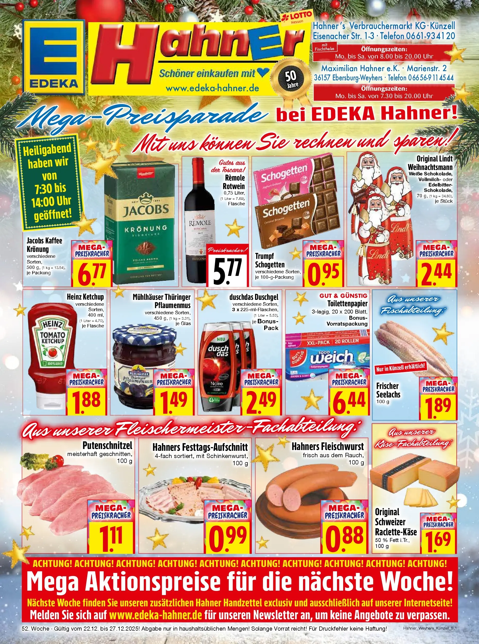 Entdecke - Edeka Hahner: Wochenangebote (ab 21.12.2025) zum Blättern | Seite: 1 | Produkte: Duschdas, Schogetten, Ketchup, Uhr