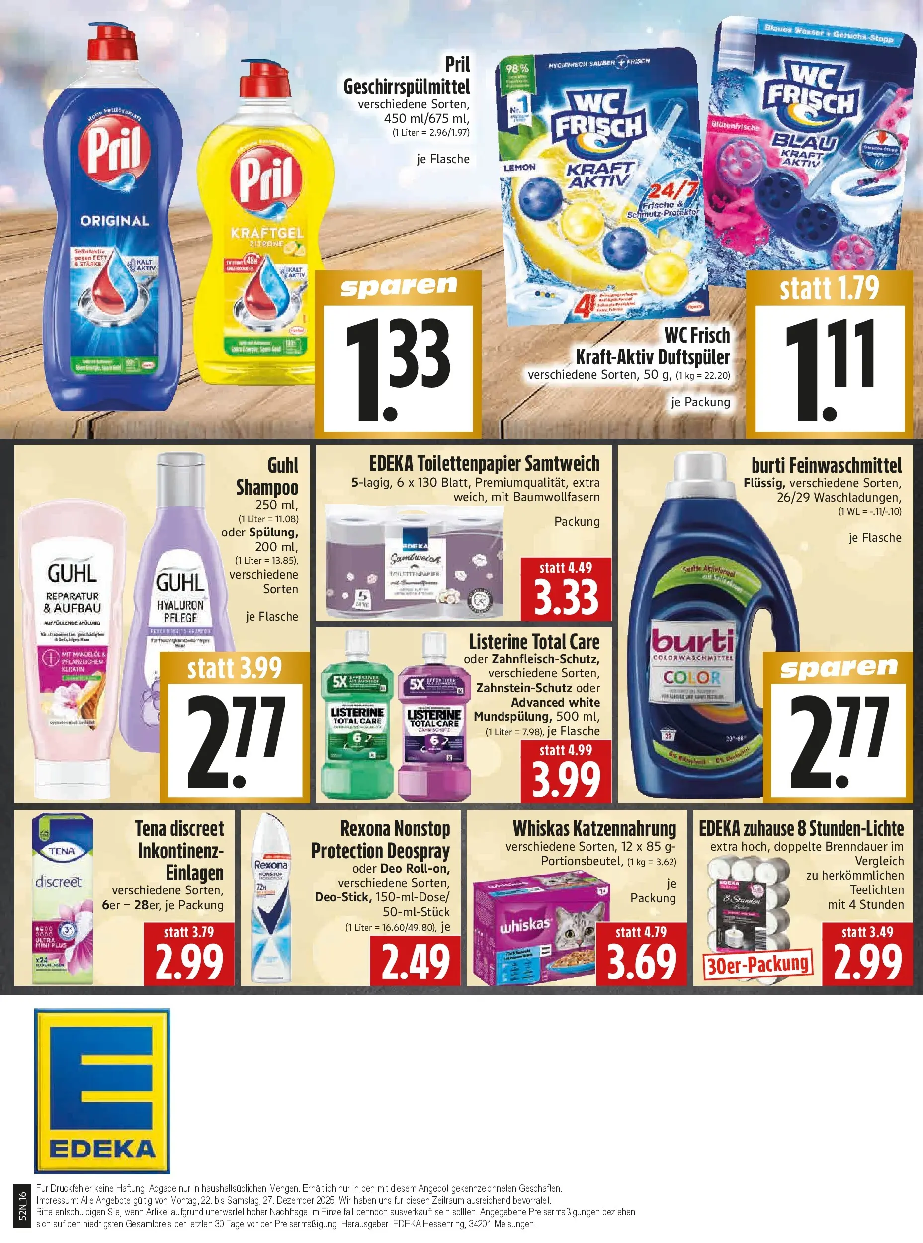 Entdecke - Edeka Hahner: Wochenangebote (ab 21.12.2025) zum Blättern | Seite: 18 | Produkte: Spülung, Pril, Listerine, Toilettenpapier