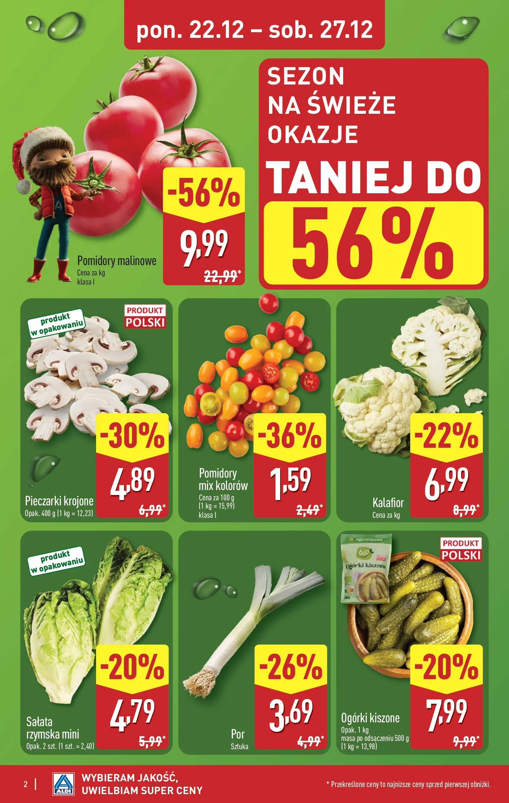 Aldi - Święta w super cenach w ALDI od 21.12.2025 - Ulotka PDF, promocje | Strona: 2 | Produkty: Kalafior, Pieczarki, Pomidory malinowe, Ogórki