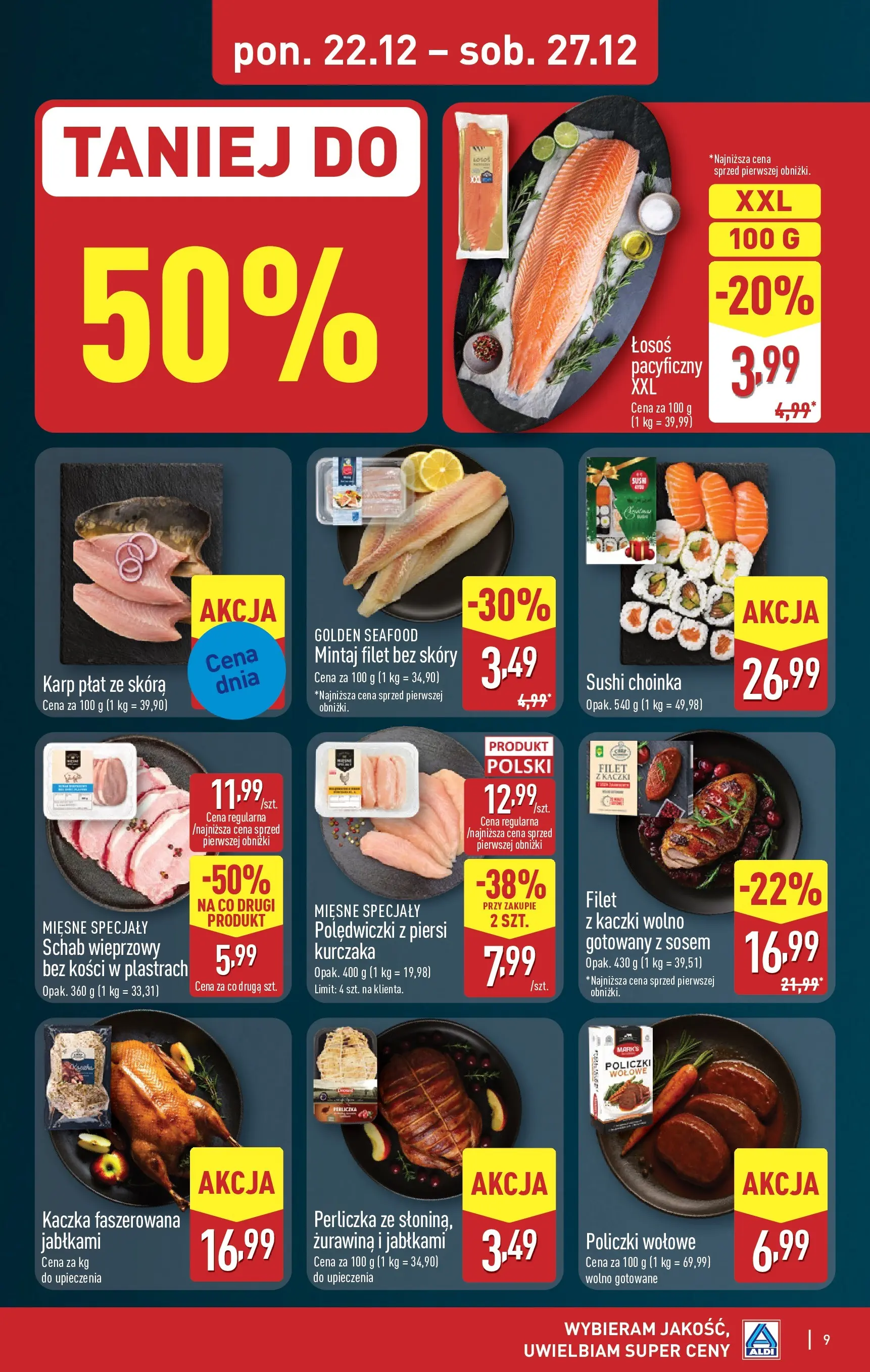 Aldi - Święta w super cenach w ALDI od 21.12.2025 - Ulotka PDF, promocje | Strona: 9 | Produkty: Choinka, Schab, Mintaj, Sushi