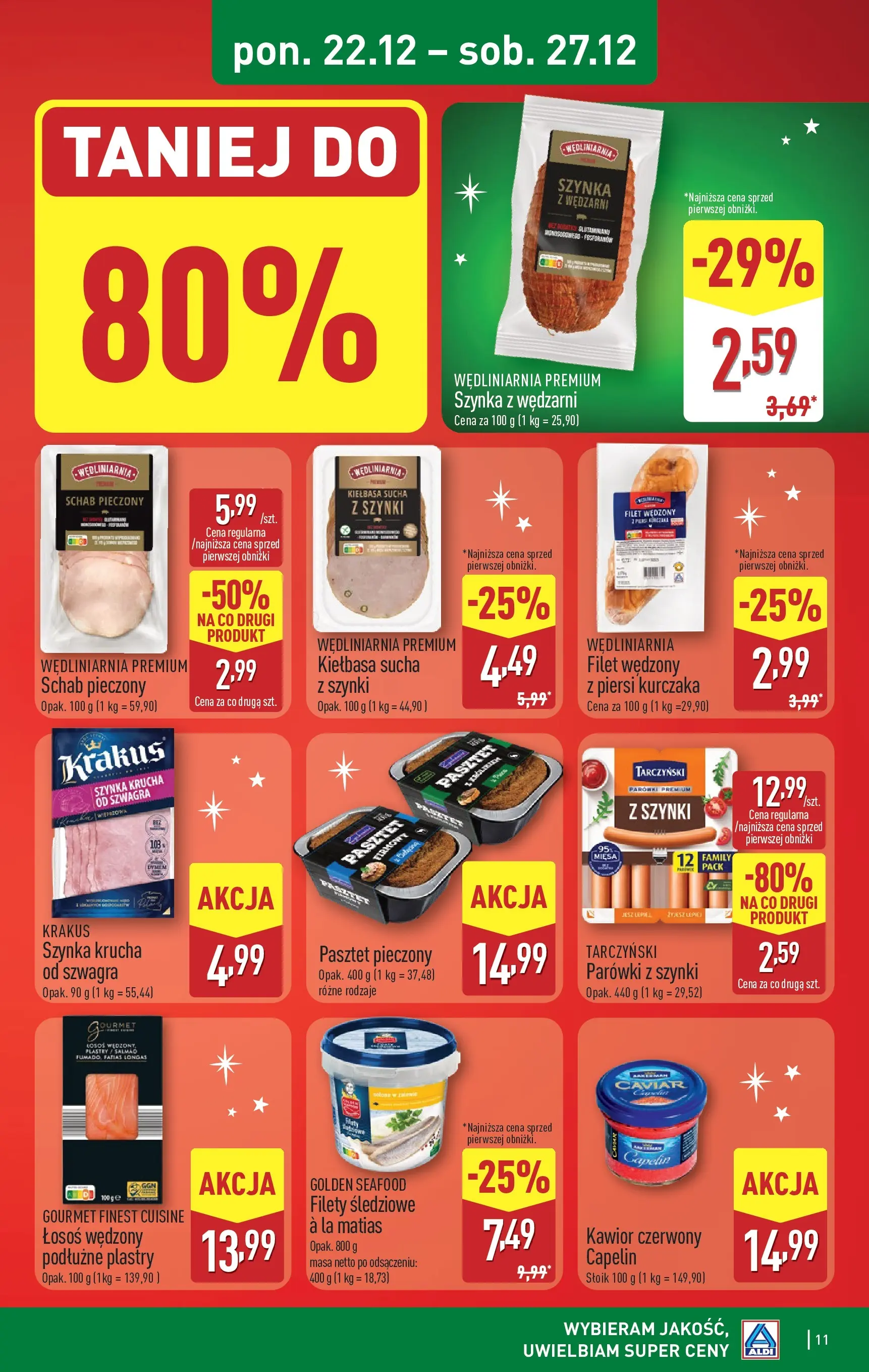 Aldi - Święta w super cenach w ALDI od 21.12.2025 - Ulotka PDF, promocje | Strona: 11 | Produkty: Kiełbasa, Łosoś wędzony, Łosoś, Kawior