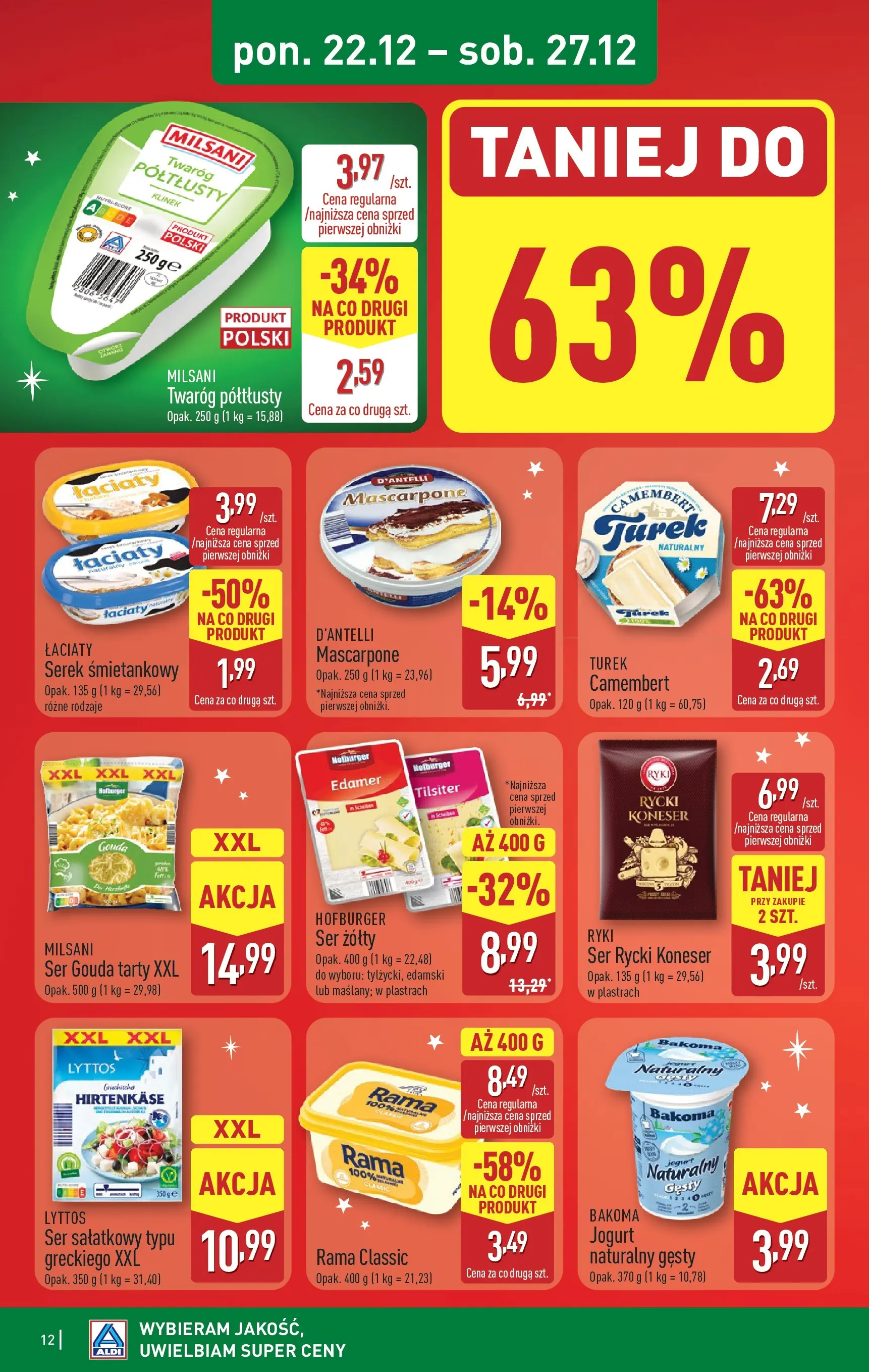 Aldi - Święta w super cenach w ALDI od 21.12.2025 - Ulotka PDF, promocje | Strona: 12 | Produkty: Ser żółty, Twaróg półtłusty, Camembert, Ser gouda