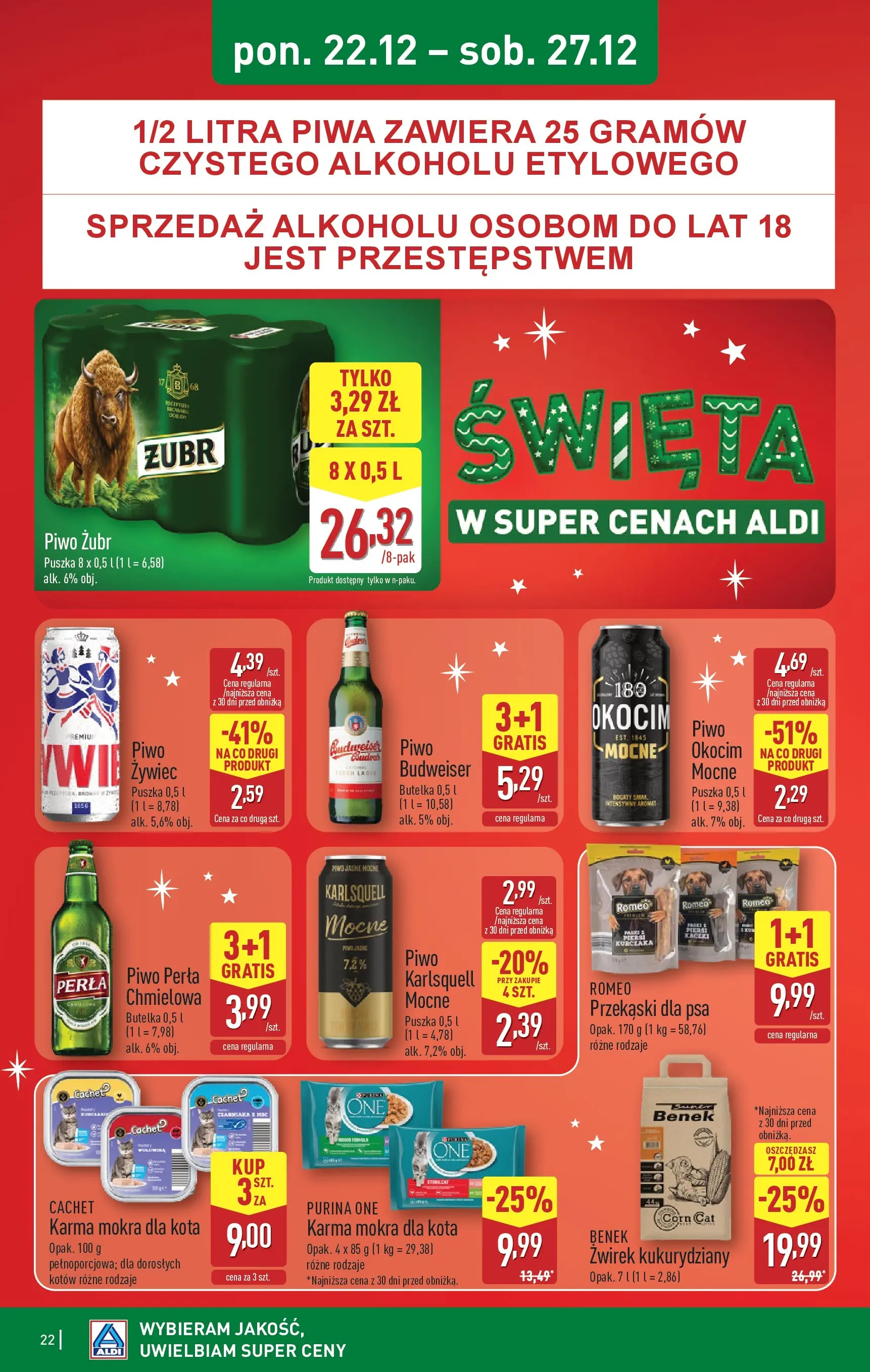 Aldi - Święta w super cenach w ALDI od 21.12.2025 - Ulotka PDF, promocje | Strona: 22 | Produkty: Piwo żubr, Piersi, Karma mokra dla kota, Piwo perła