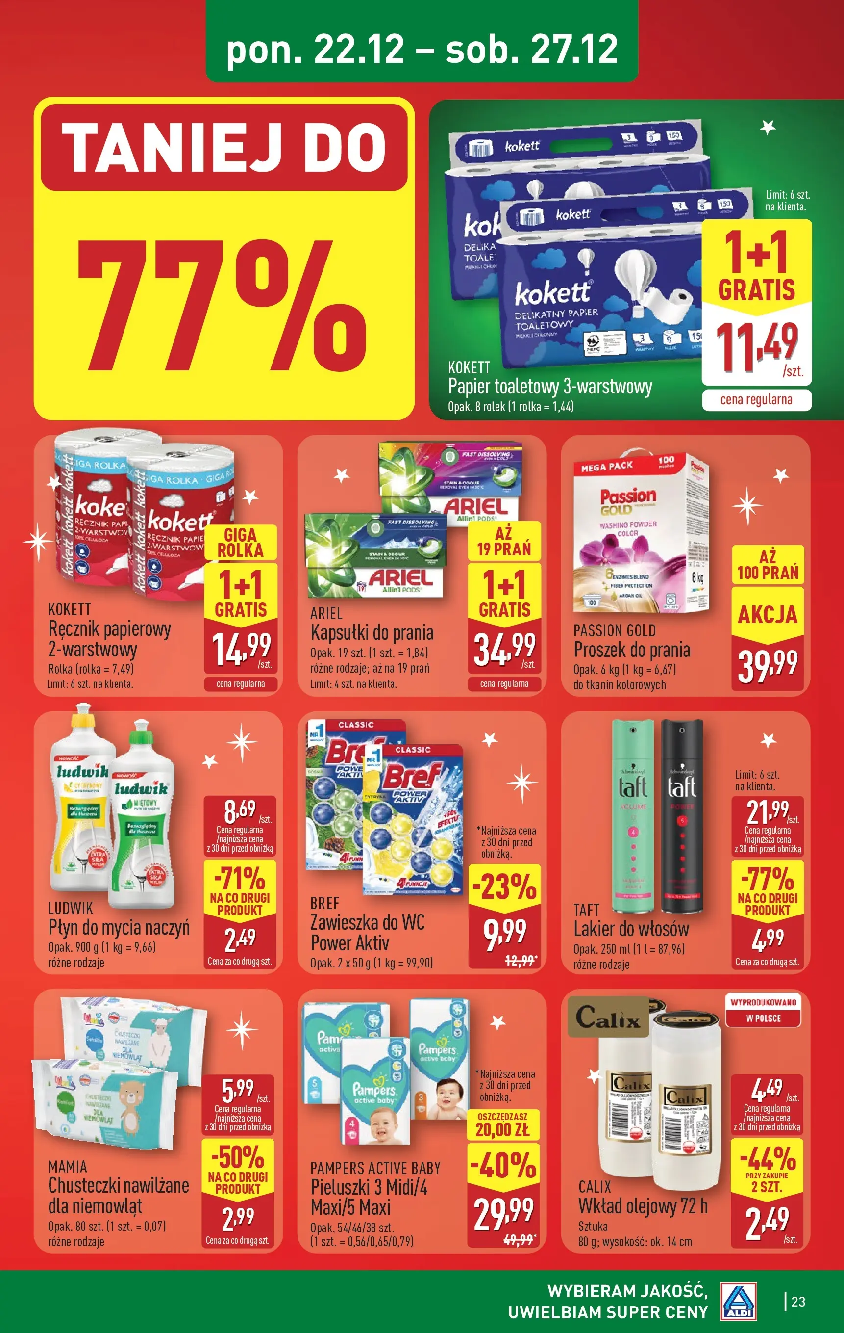 Aldi - Święta w super cenach w ALDI od 21.12.2025 - Ulotka PDF, promocje | Strona: 23 | Produkty: Papier toaletowy, Kapsułki do prania, Proszek do prania, Płyn do mycia naczyń