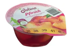 Fruchtdessert mit 25% Pfirsich in Gelee und Himbeergeschmack