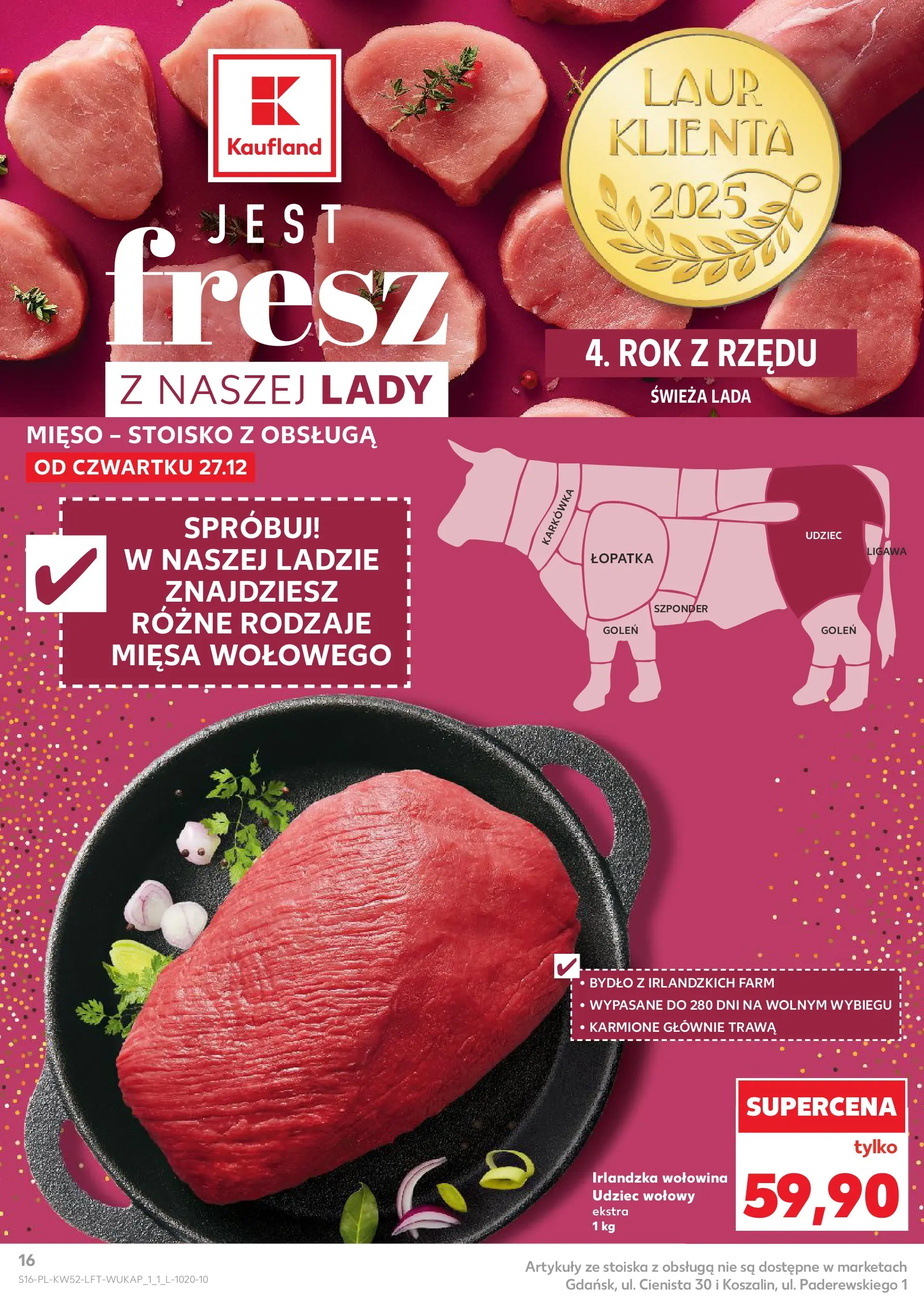 Kaufland - Kaufland Food ważne do 31.12 od 26.12.2025 - od jutra PDF | Strona: 16 | Produkty: Karkówka, Mięso, Wołowina
