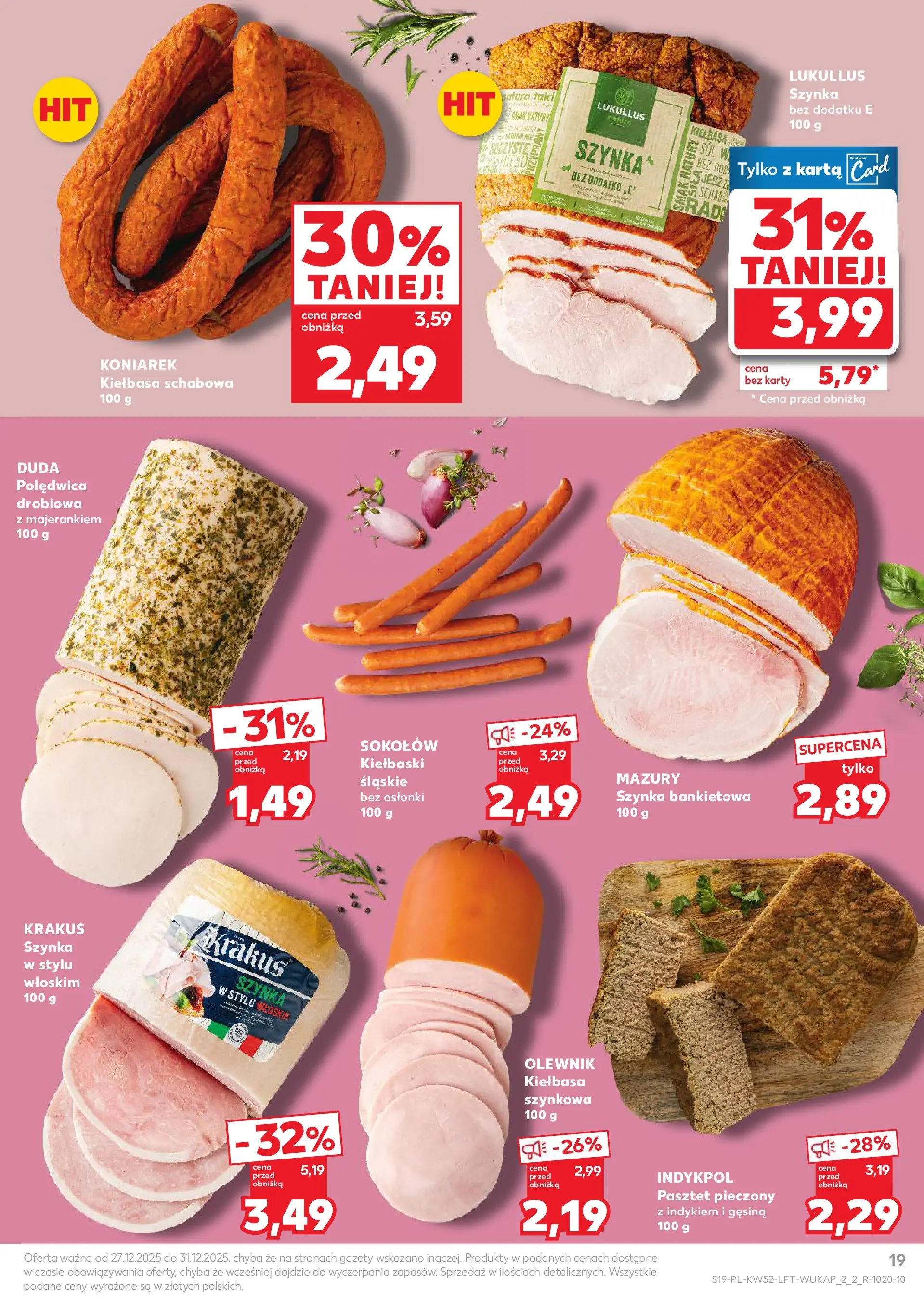 Kaufland - Kaufland Food ważne do 31.12 od 26.12.2025 - od jutra PDF | Strona: 19 | Produkty: Kiełbasa, Karta, Kiełbaski, Szynka