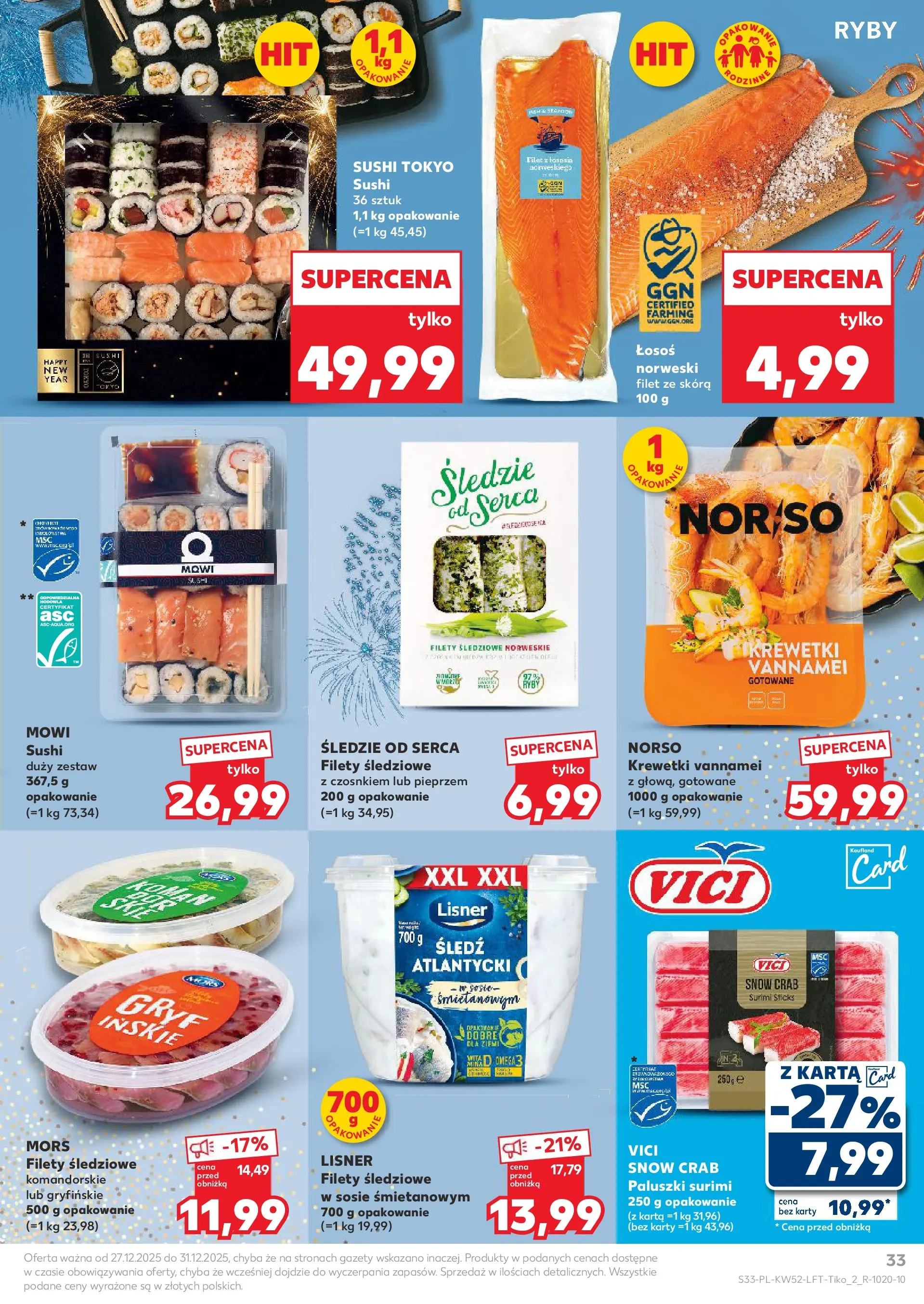 Kaufland - Kaufland Food ważne do 31.12 od 26.12.2025 - od jutra PDF | Strona: 33 | Produkty: Karta, Surimi, Sushi, Krewetki vannamei