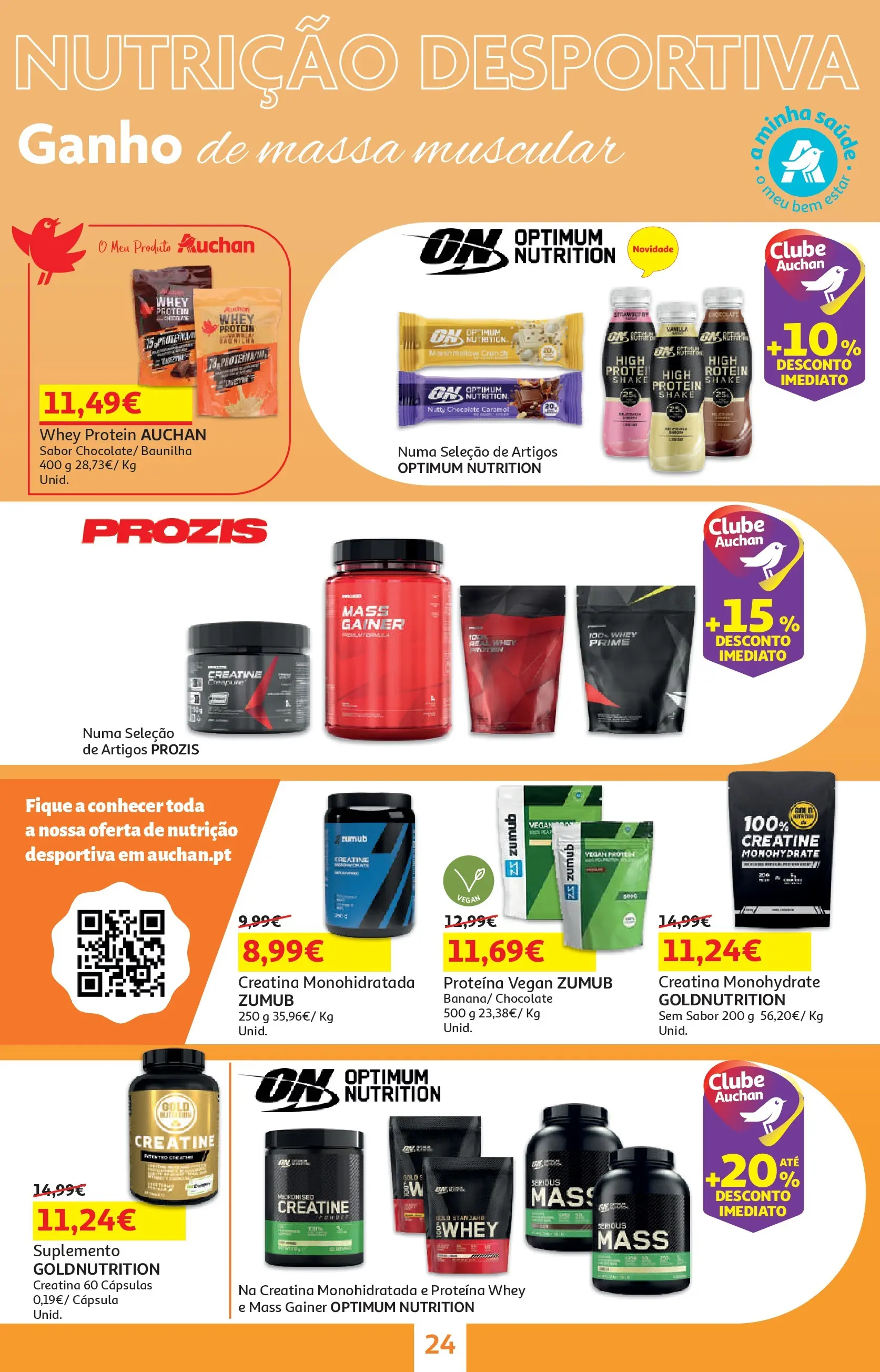 Auchan - O bem-estar começa em casa! » de 26/12/2025 - 12/01/2026 | Página: 24 | Produtos: Creatina monohidratada, Chocolate, Whey protein, Massa