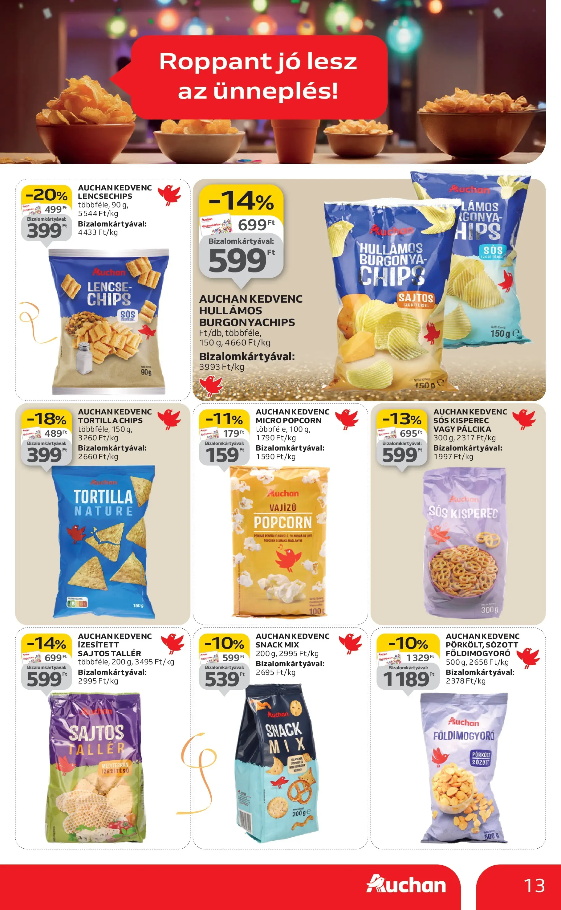 Auchan Akciós újság Székesfehérvár - 2025.12.27. -tól/töl > akció, lapozható szórólap 🛍️ | Oldal: 13 | Termékek: Sajtos tallér, Burgonya, Tortilla, Lencse