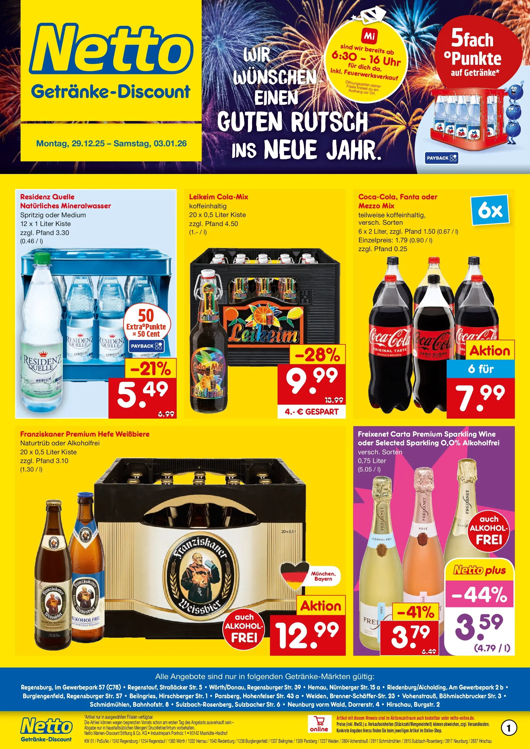 Netto Marken-Discount prospekt Burglengenfeld	 (ab 28.12.2025) » Angebote | Seite: 1 | Produkte: Franziskaner, Mezzo mix, Freixenet, Mineralwasser