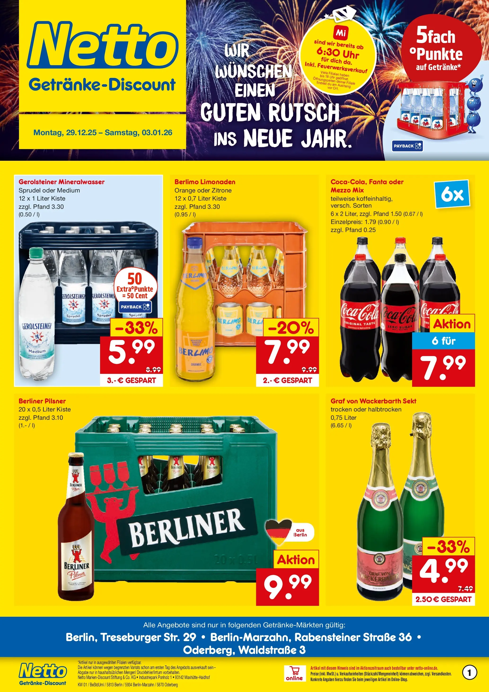 Netto Marken-Discount prospekt Berlin	 (ab 28.12.2025) » Angebote | Seite: 1 | Produkte: Berliner, Mezzo mix, Uhr, Gerolsteiner