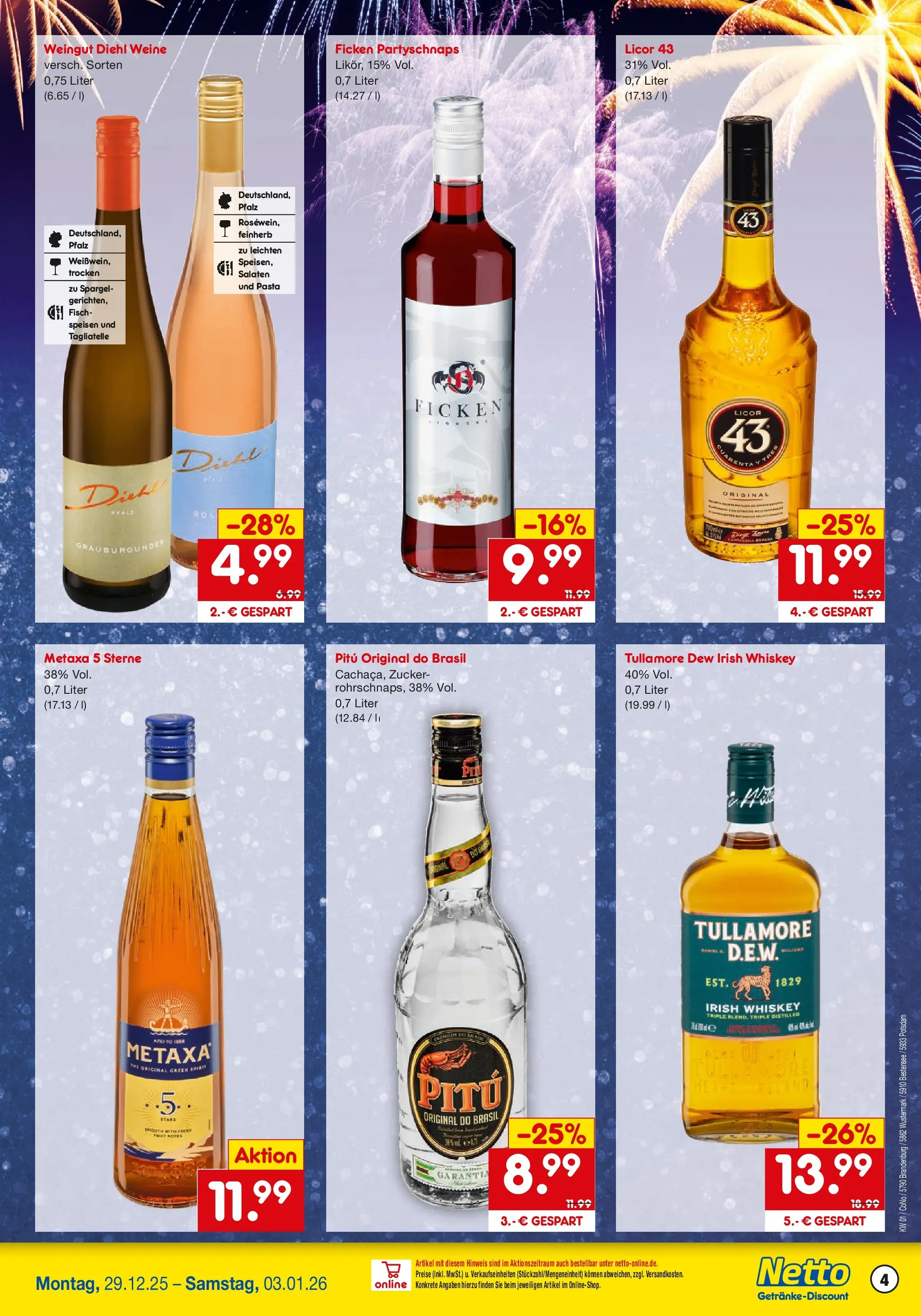 Netto Marken-Discount prospekt Potsdam	 (ab 28.12.2025) » Angebote | Seite: 4 | Produkte: Metaxa, Fisch, Pasta, Whiskey