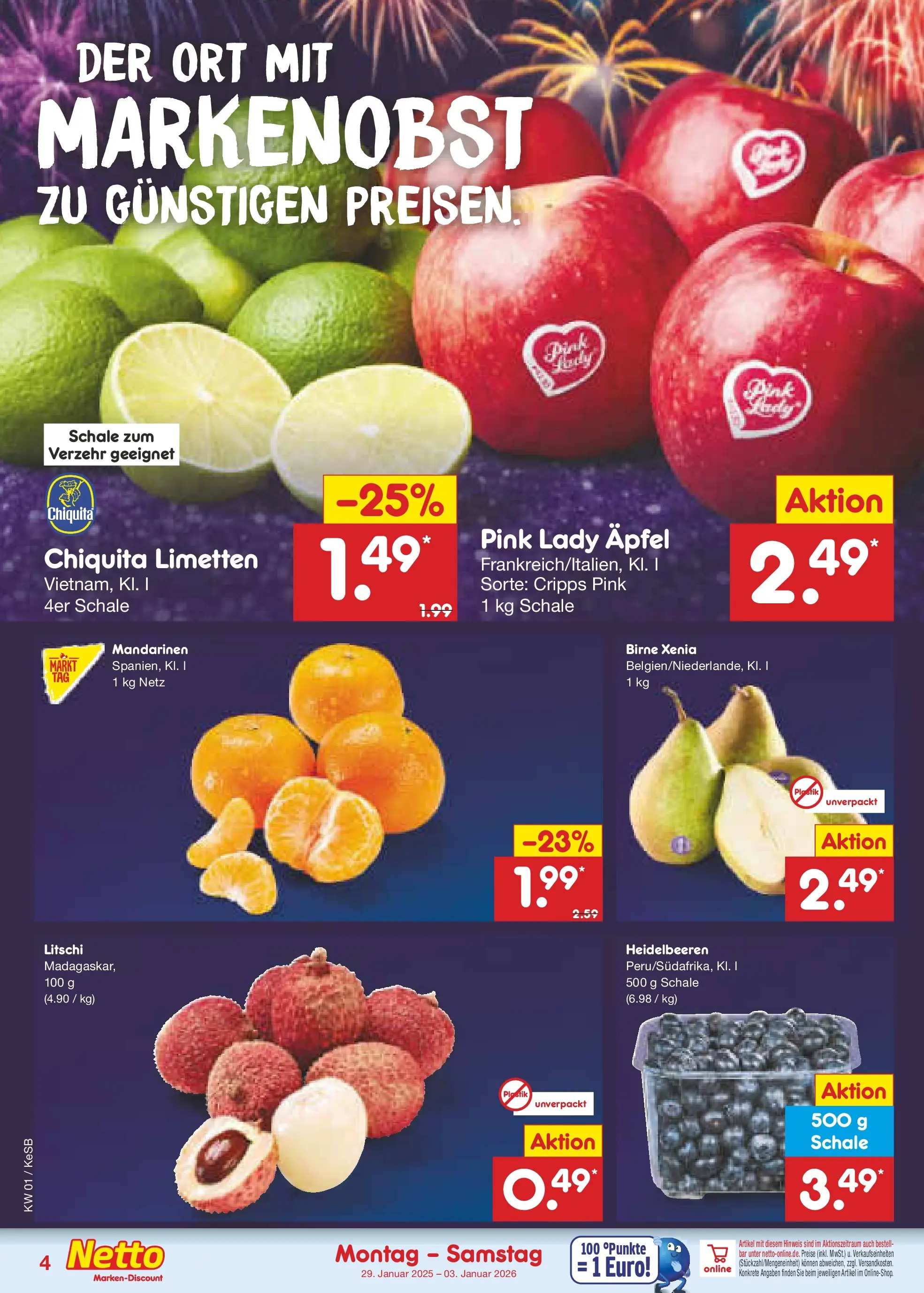 Netto Marken-Discount prospekt Kruft	 (ab 28.12.2025) » Angebote | Seite: 4 | Produkte: Äpfel, Mandarinen, Heidelbeeren, Birne