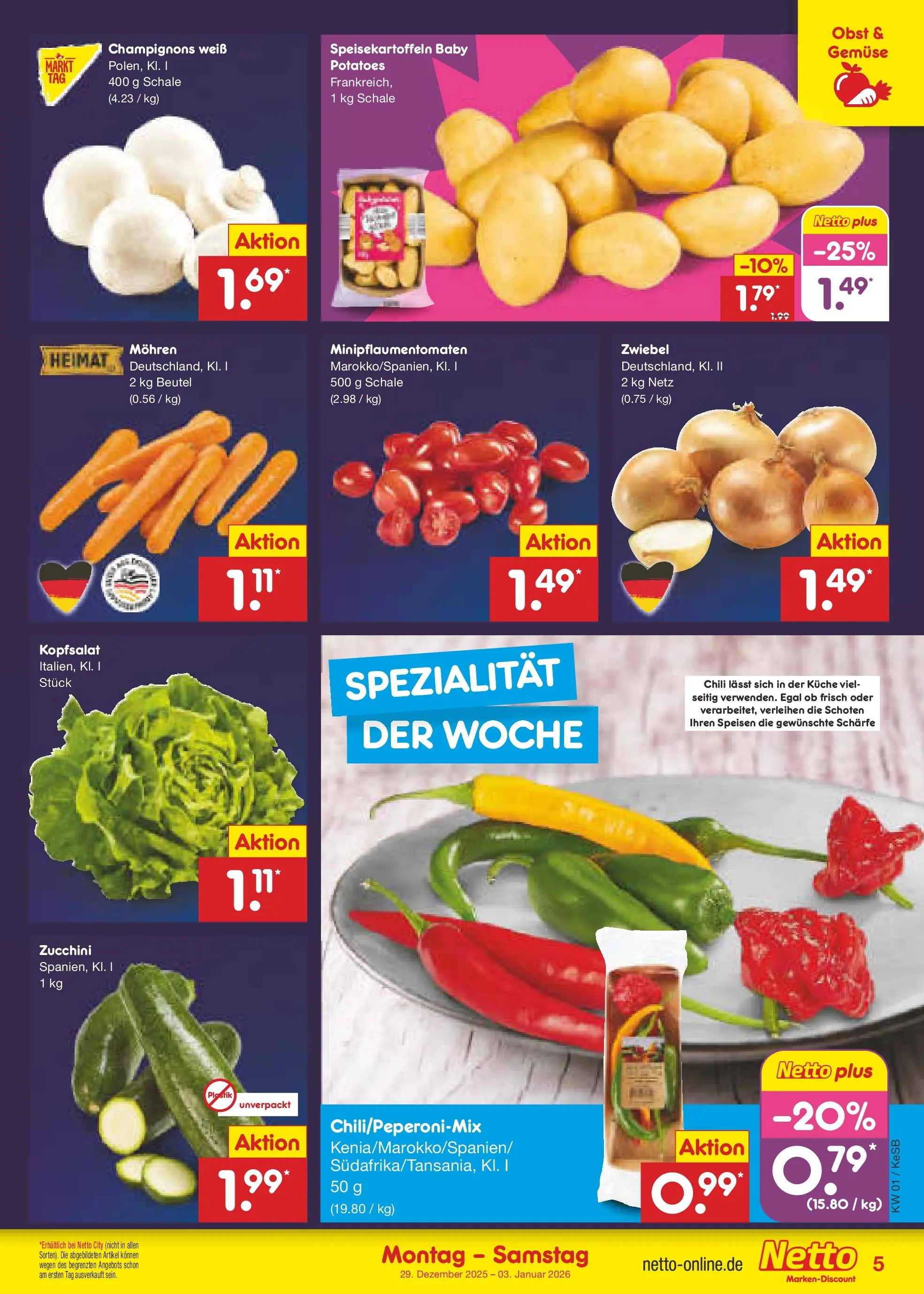 Netto Marken-Discount prospekt Kruft	 (ab 28.12.2025) » Angebote | Seite: 5 | Produkte: Mohren, Gemüse, Chili, Zucchini