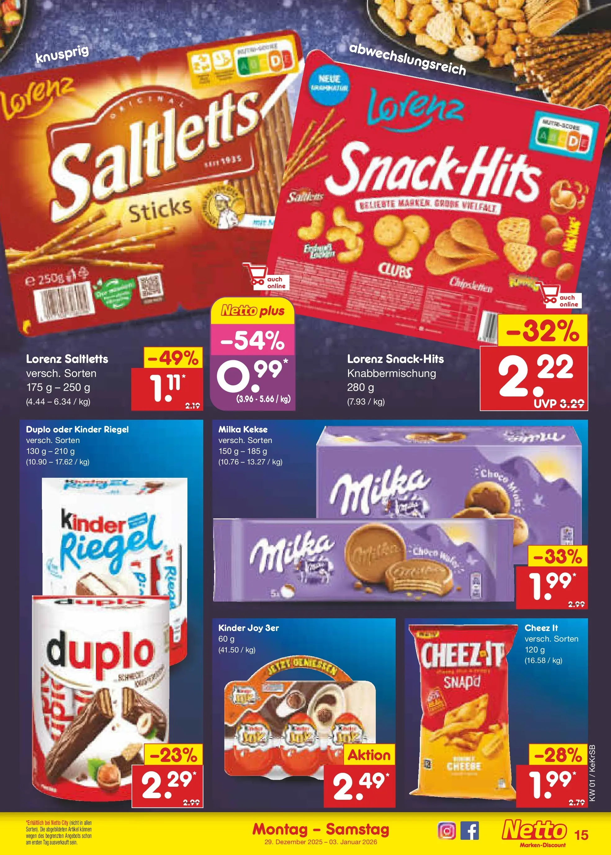 Netto Marken-Discount prospekt Kruft	 (ab 28.12.2025) » Angebote | Seite: 15 | Produkte: Milka, Kinder riegel, Kinder joy, Kekse