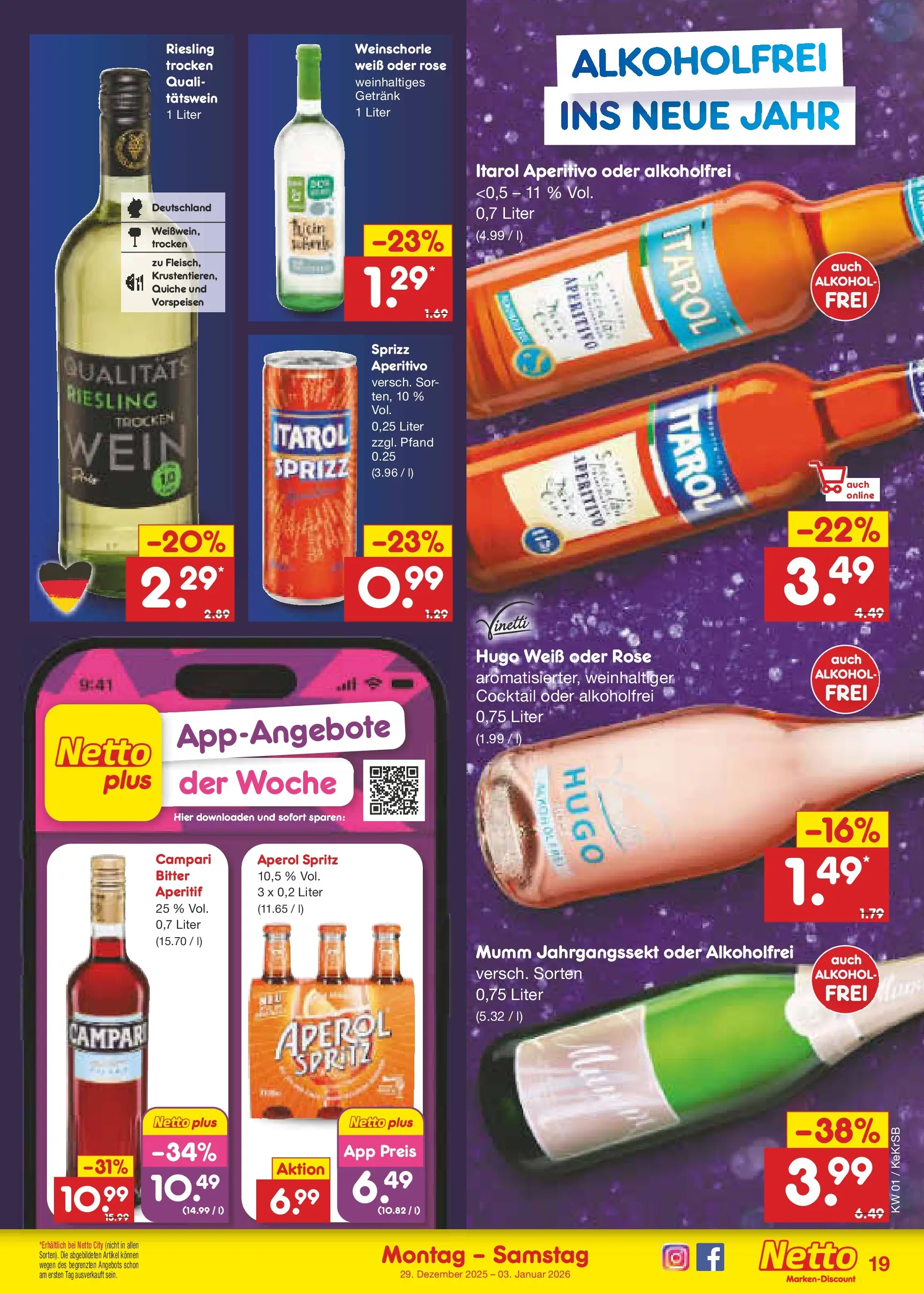 Netto Marken-Discount prospekt Kruft	 (ab 28.12.2025) » Angebote | Seite: 19 | Produkte: Campari, Aperol, Wein, Hugo