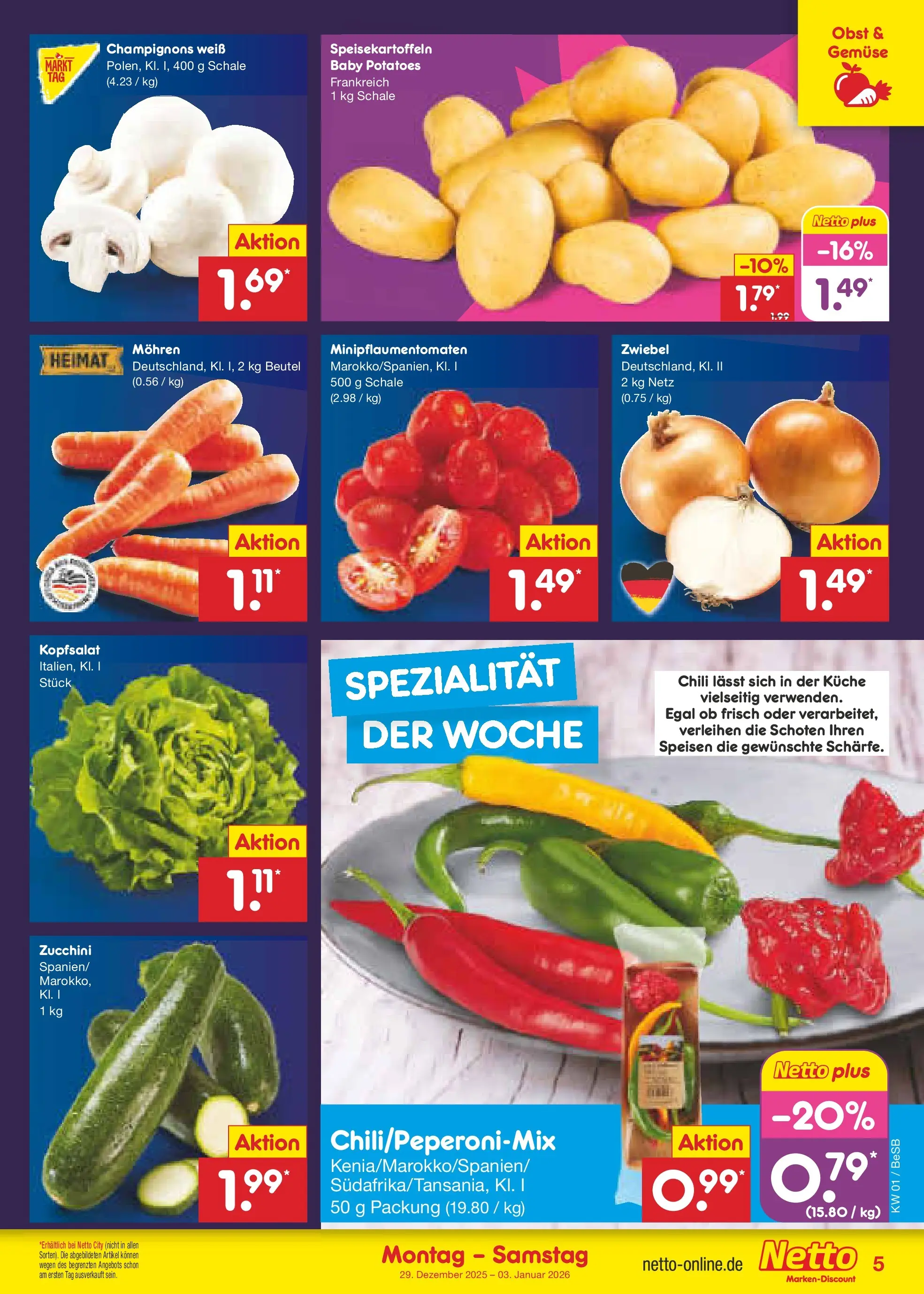 Netto Marken-Discount prospekt Kremmen	 (ab 28.12.2025) » Angebote | Seite: 5 | Produkte: Küche, Champignons, Chili, Zucchini