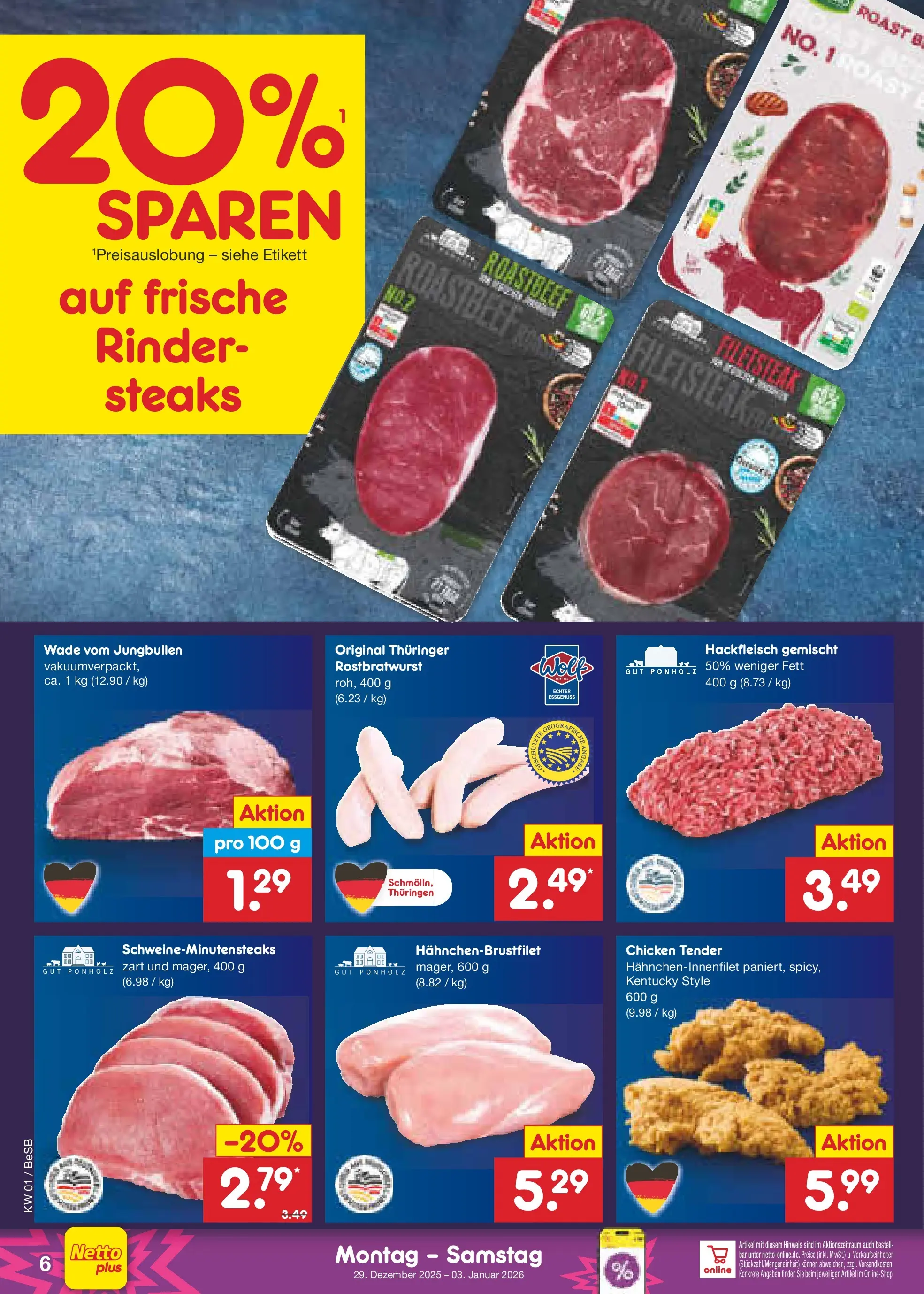 Netto Marken-Discount prospekt Kremmen	 (ab 28.12.2025) » Angebote | Seite: 6 | Produkte: Roastbeef, Hackfleisch