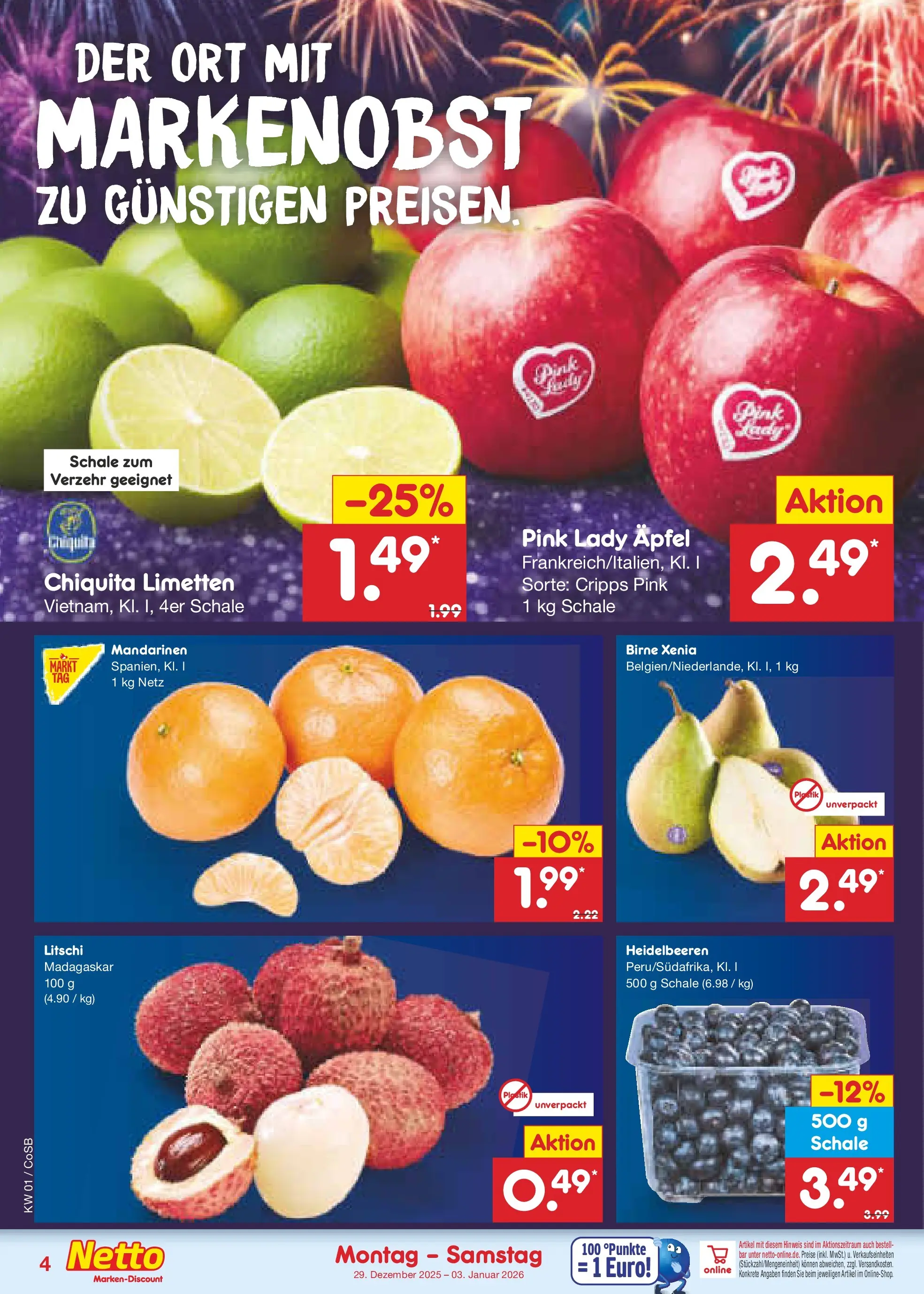 Netto Marken-Discount prospekt Bitterfeld-Wolfen	 (ab 28.12.2025) » Angebote | Seite: 4 | Produkte: Limetten, Mandarinen, Heidelbeeren, Birne