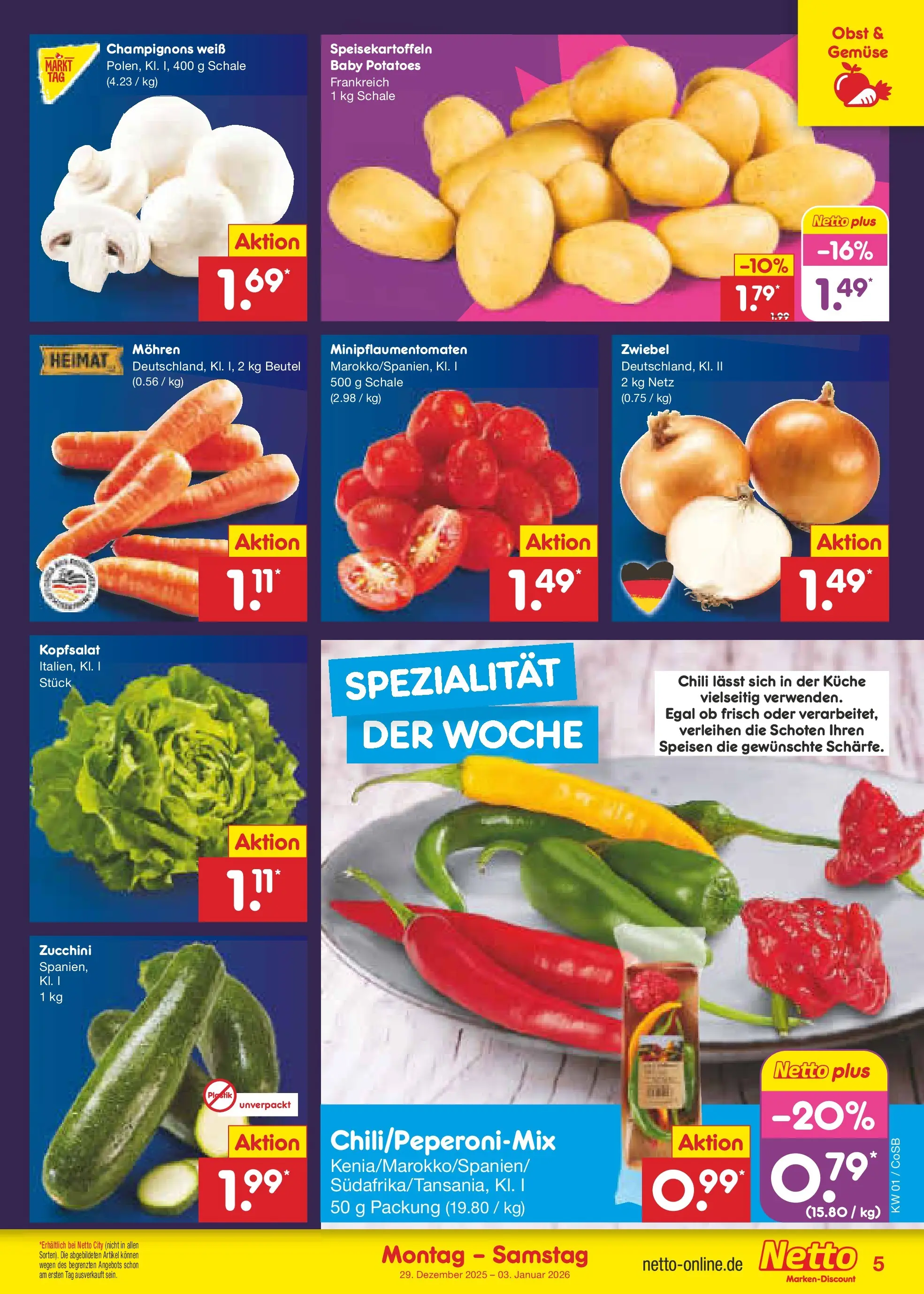 Netto Marken-Discount prospekt Bitterfeld-Wolfen	 (ab 28.12.2025) » Angebote | Seite: 5 | Produkte: Küche, Champignons, Gemüse, Chili