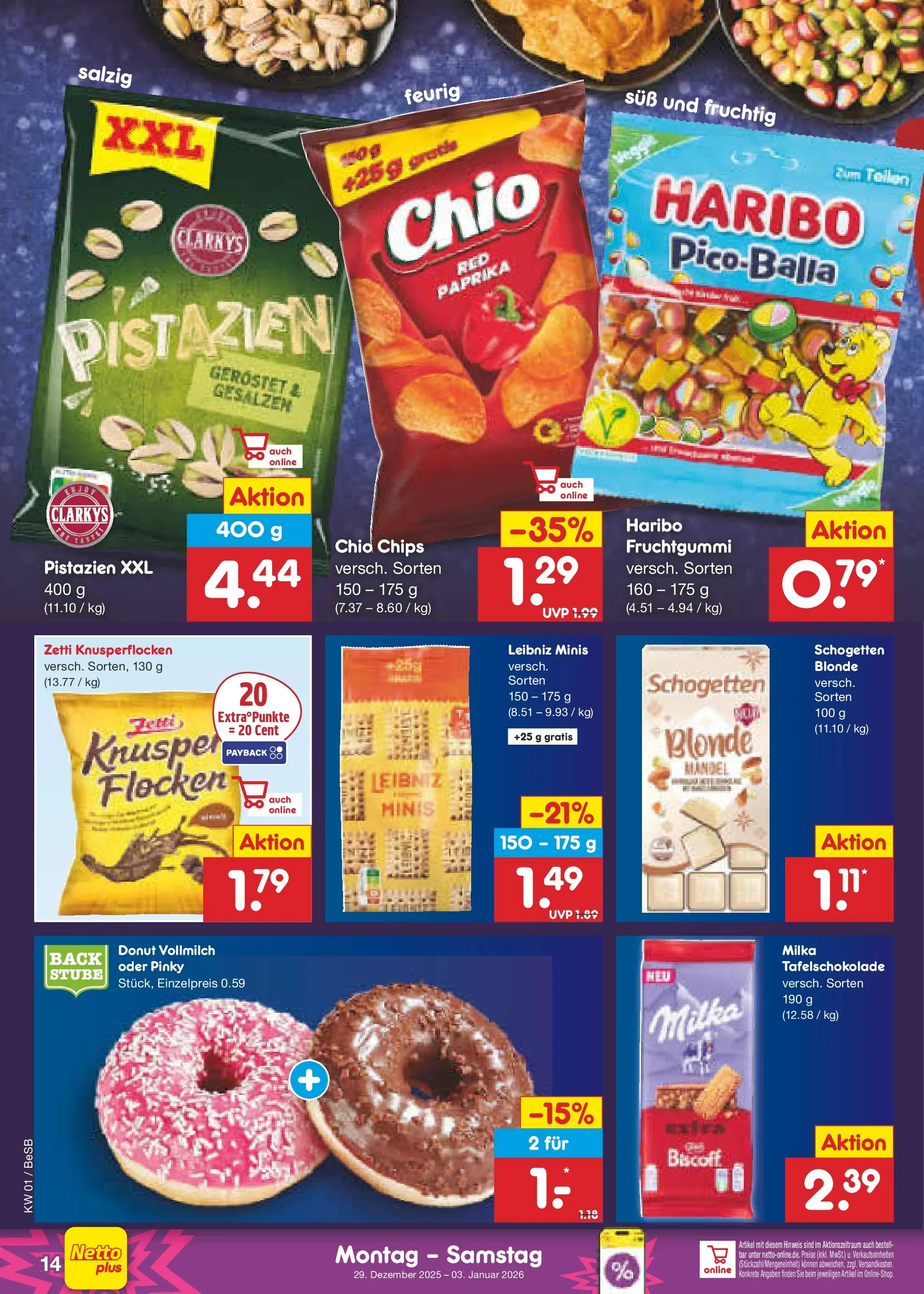Netto Marken-Discount prospekt Kremmen	 (ab 28.12.2025) » Angebote | Seite: 14 | Produkte: Haribo, Milka, Pistazien, Schogetten