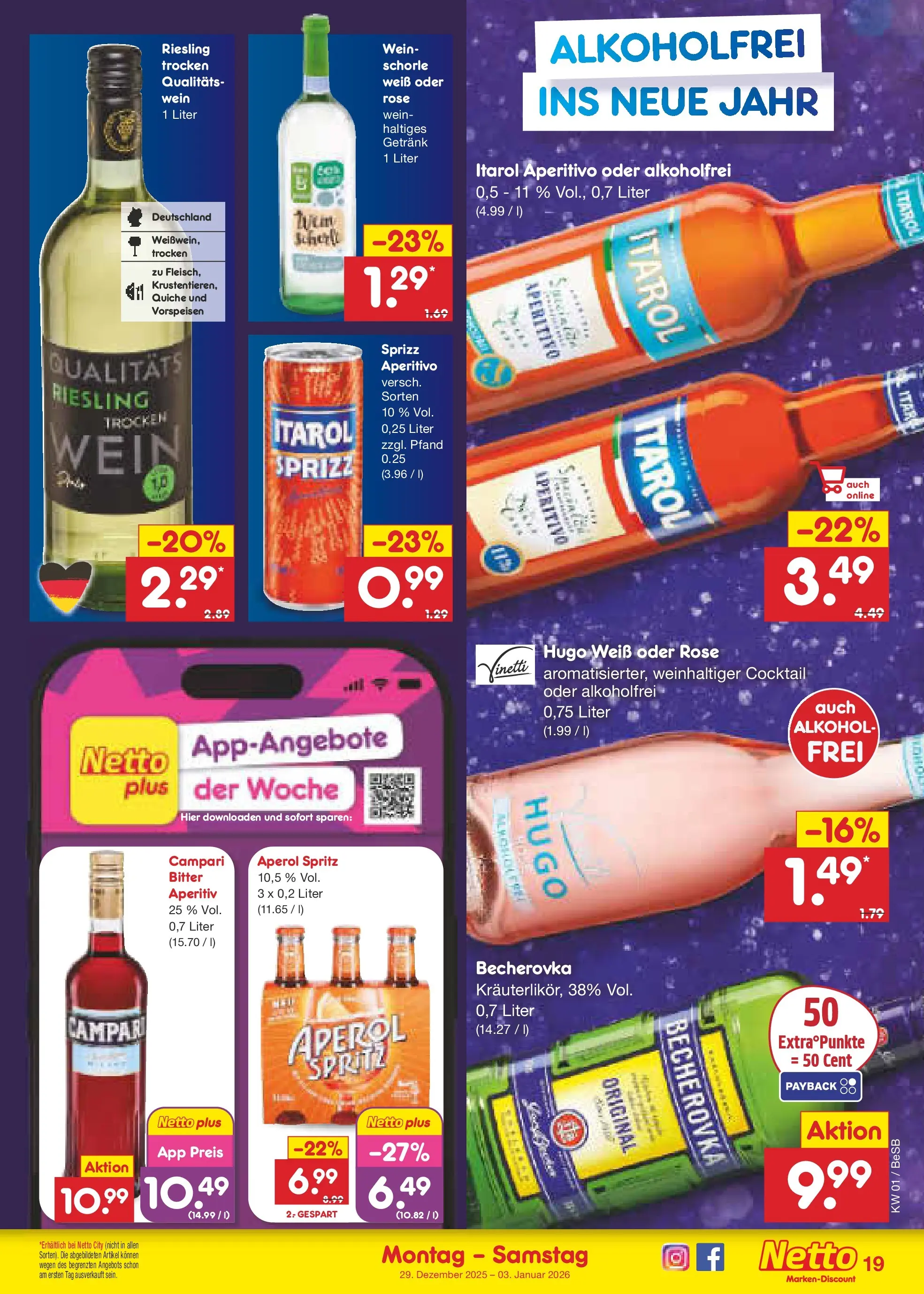 Netto Marken-Discount prospekt Kremmen	 (ab 28.12.2025) » Angebote | Seite: 19 | Produkte: Campari, Aperol, Wein, Hugo