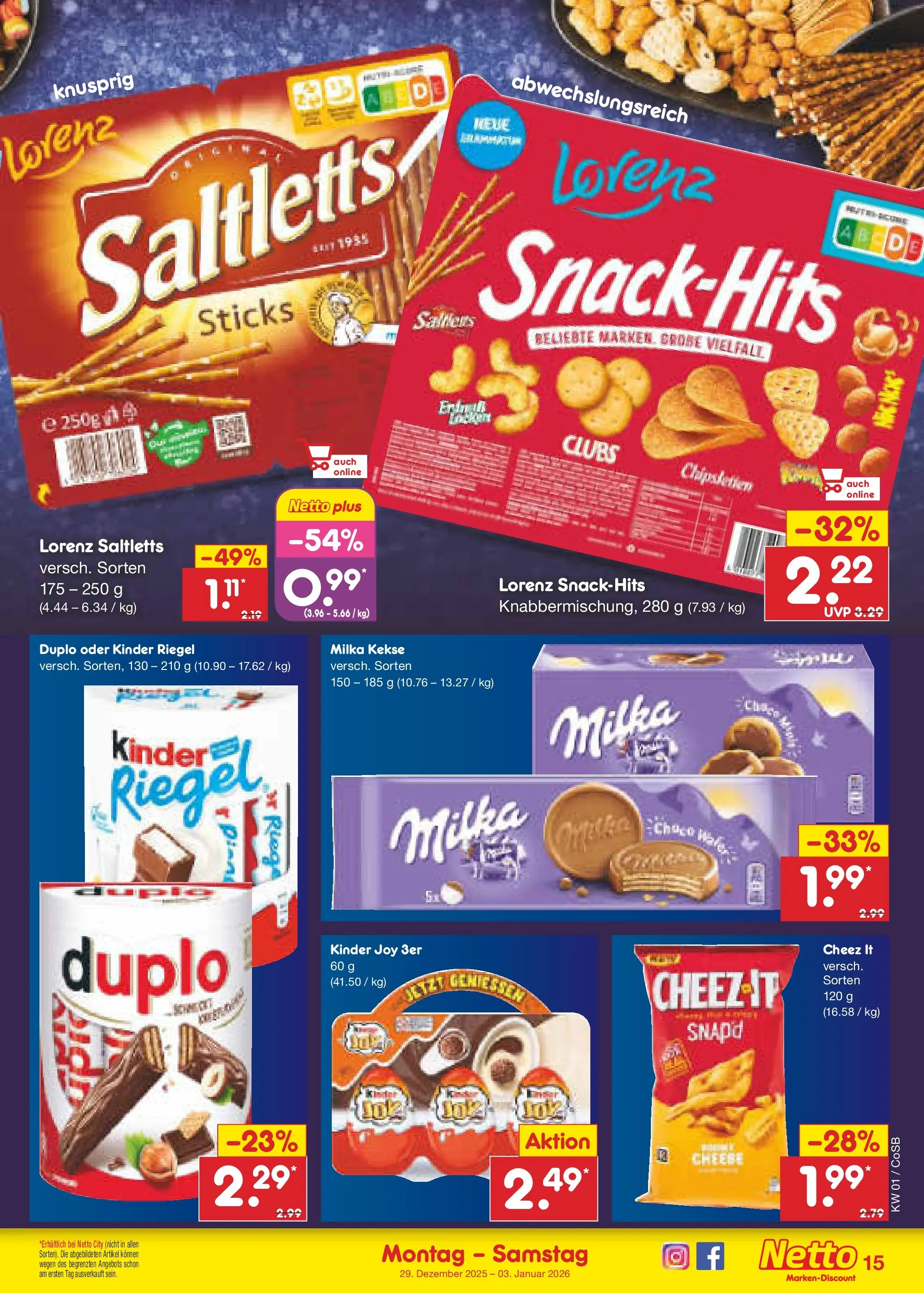 Netto Marken-Discount prospekt Bitterfeld-Wolfen	 (ab 28.12.2025) » Angebote | Seite: 15 | Produkte: Milka, Kinder riegel, Kinder joy, Kekse