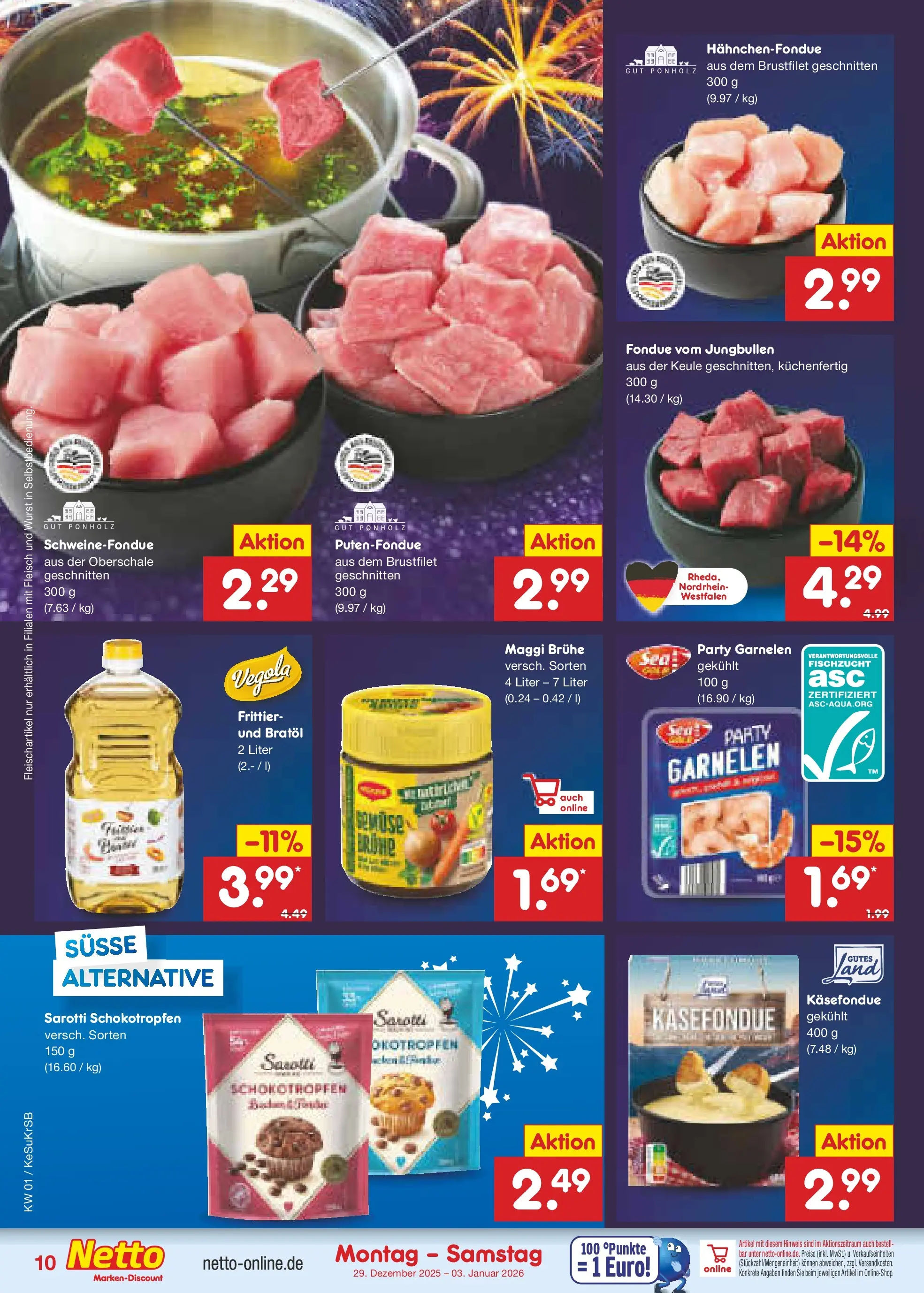 Netto Marken-Discount prospekt Kruft	 (ab 28.12.2025) » Angebote | Seite: 10 | Produkte: Garnelen, Wurst, Fondue, Fleisch