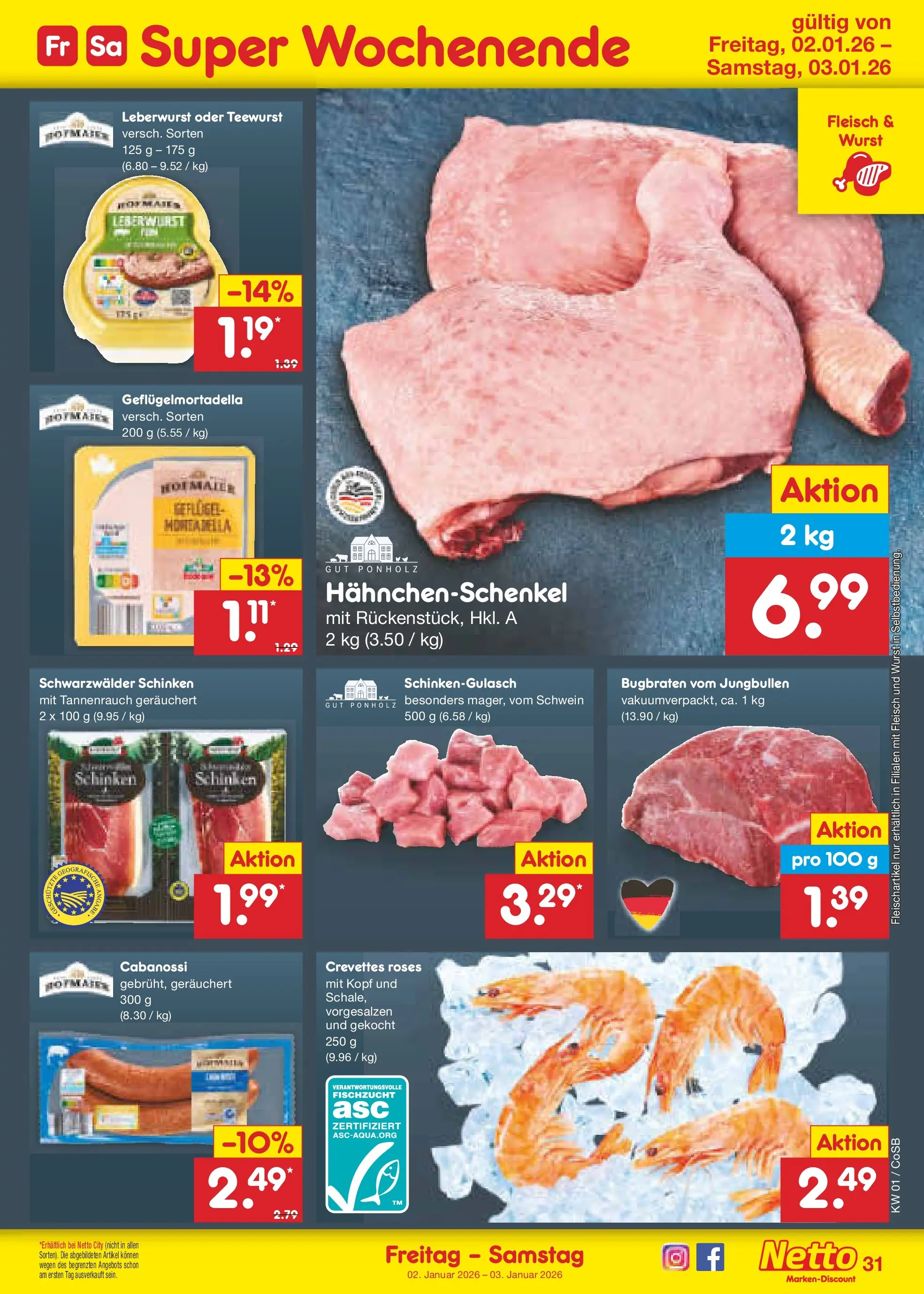 Netto Marken-Discount prospekt Bitterfeld-Wolfen	 (ab 28.12.2025) » Angebote | Seite: 45 | Produkte: Hahnchenschenkel, Wurst, Schinken, Fleisch