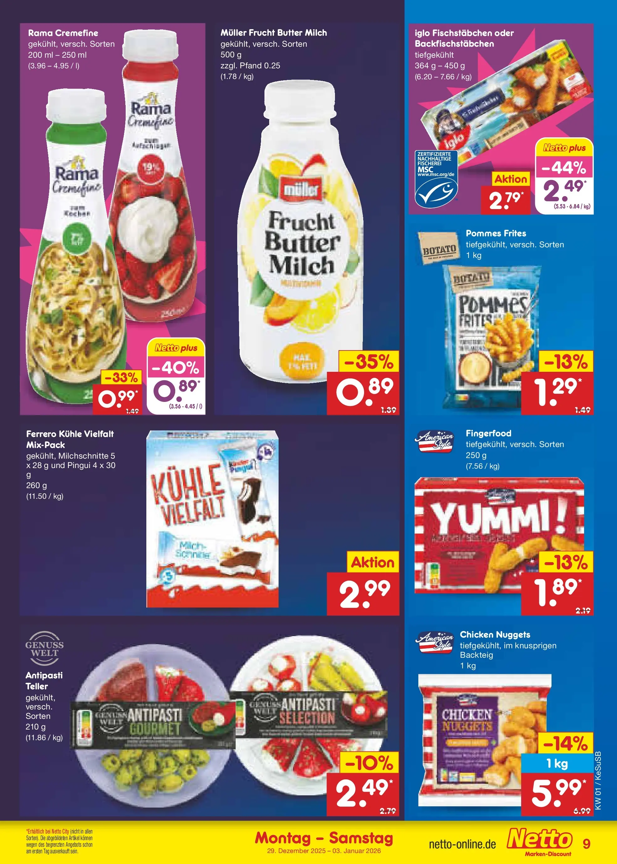 Netto Marken-Discount prospekt Kruft	 (ab 28.12.2025) » Angebote | Seite: 9 | Produkte: Milch, Iglo, Rama cremefine, Fischstabchen