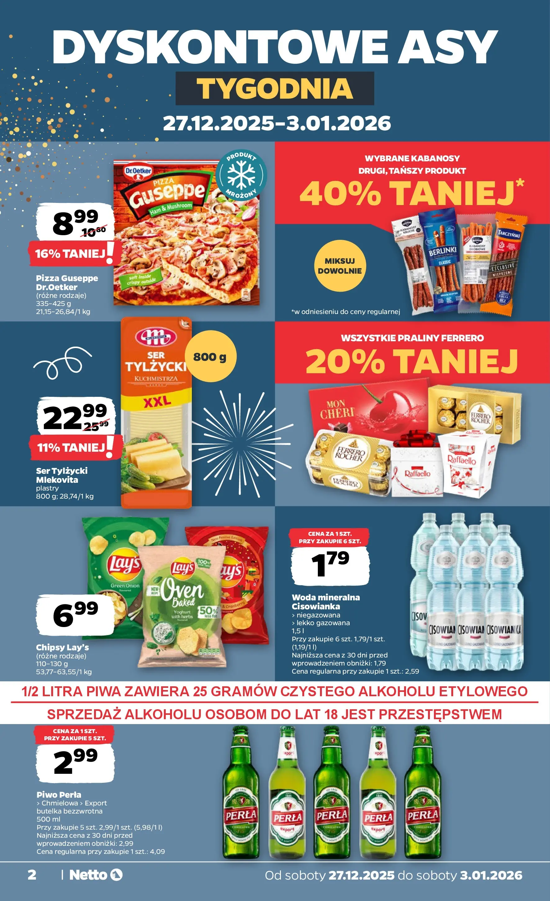 Netto - NETTO T01A ważne do 3.01.2026 od 26.12.2025 - Aktualne promocje | Strona: 2 | Produkty: Chipsy, Piwo perła, Ser, Piwo
