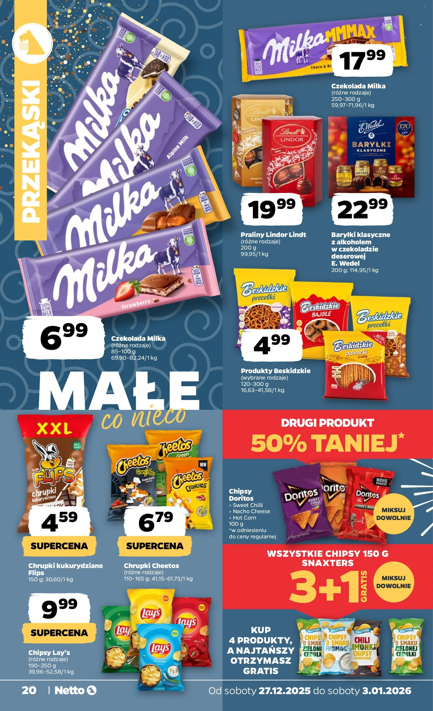 Netto - NETTO T01A ważne do 3.01.2026 od 26.12.2025 - Aktualne promocje | Strona: 20 | Produkty: Praliny, Czekolada milka, Doritos, Paluszki