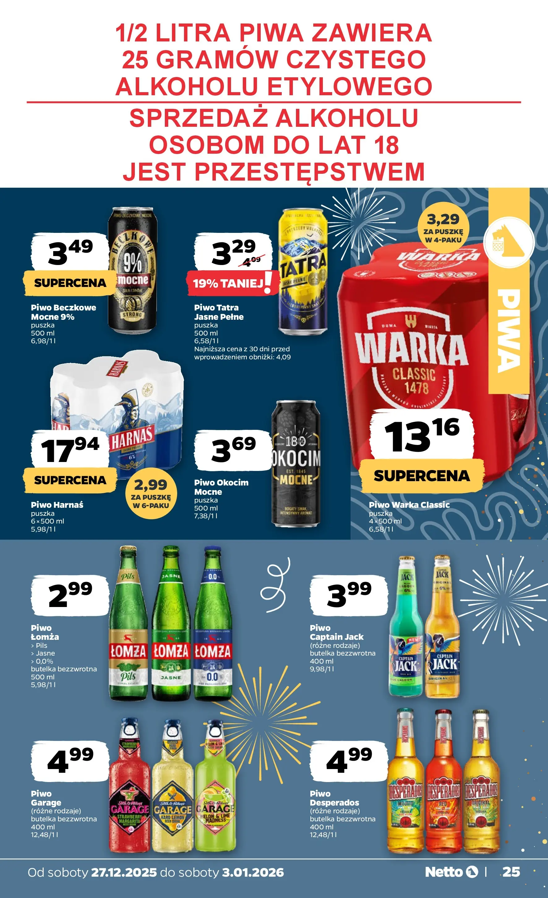 Netto - NETTO T01A ważne do 3.01.2026 od 26.12.2025 - Aktualne promocje | Strona: 25 | Produkty: Warka, Piwo Warka, Harnaś, Piwo