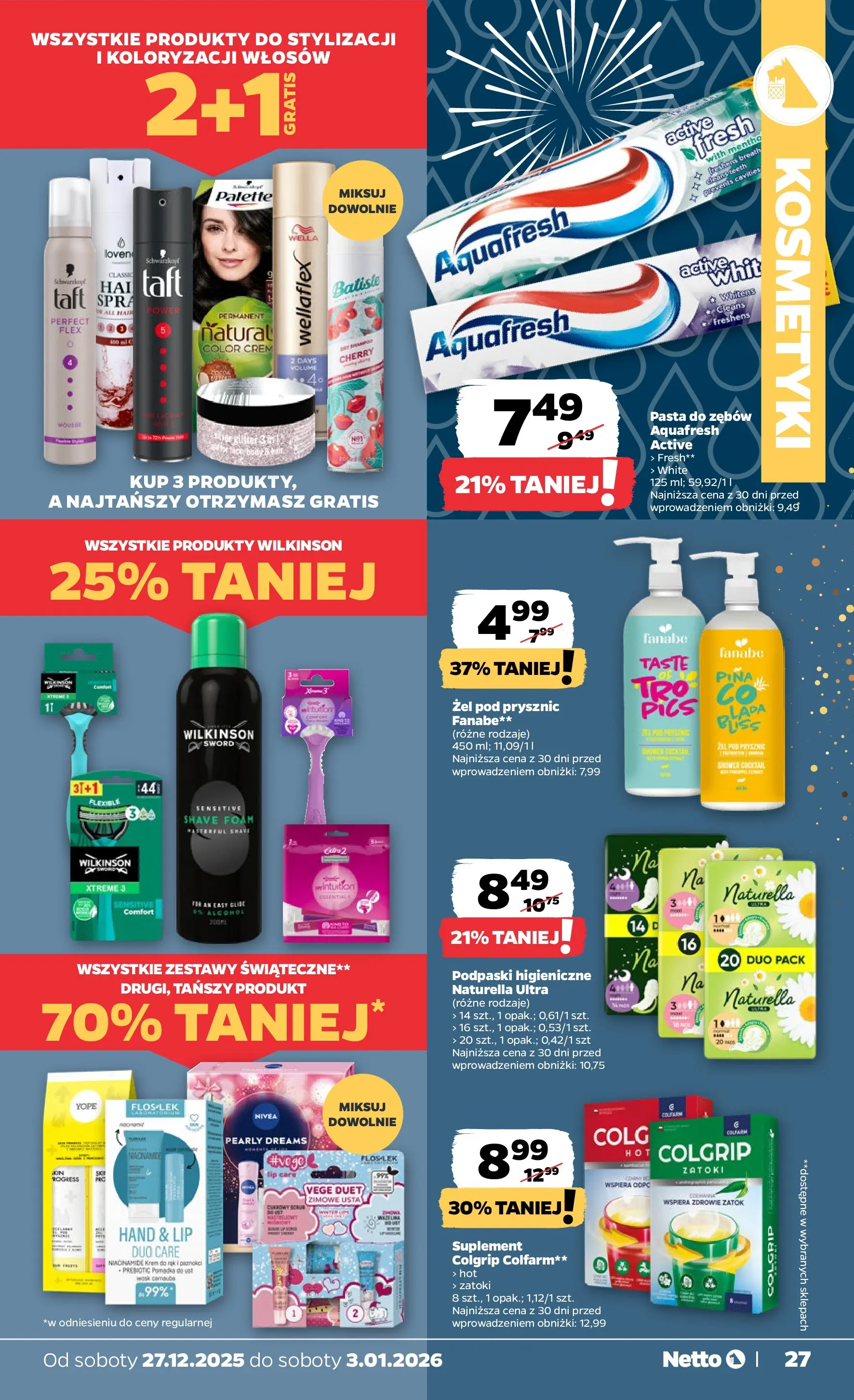 Netto - NETTO T01A ważne do 3.01.2026 od 26.12.2025 - Aktualne promocje | Strona: 27 | Produkty: Kosmetyki, Podpaski, Pomadka, Żel pod prysznic