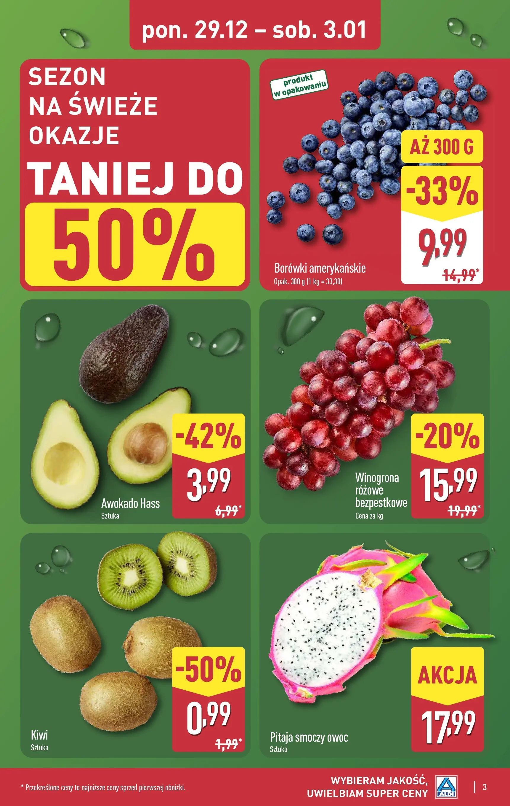 Aldi Gazetka od 29.12.2025 - Ulotka PDF, promocje | Strona: 3 | Produkty: Winogrona, Smoczy owoc, Pitaja, Kiwi