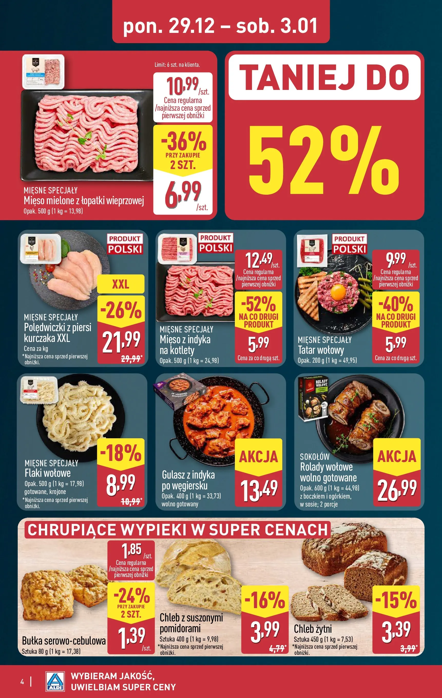 Aldi Gazetka od 29.12.2025 - Ulotka PDF, promocje | Strona: 4 | Produkty: Mięso, Chleb żytni, Chleb, Flaki wołowe