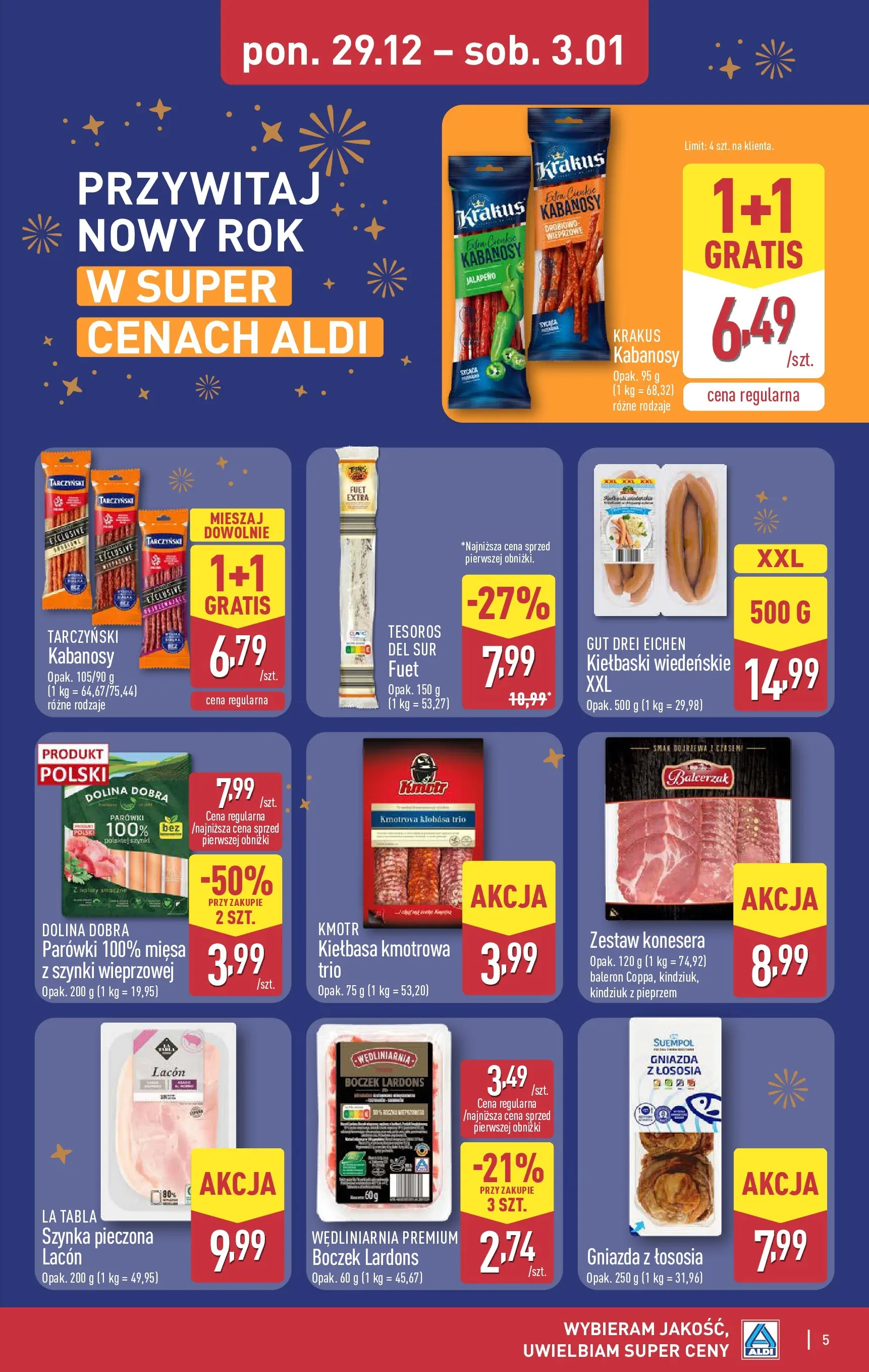 Aldi Gazetka od 29.12.2025 - Ulotka PDF, promocje | Strona: 5 | Produkty: Kiełbasa, Parówki, Fuet, Boczek