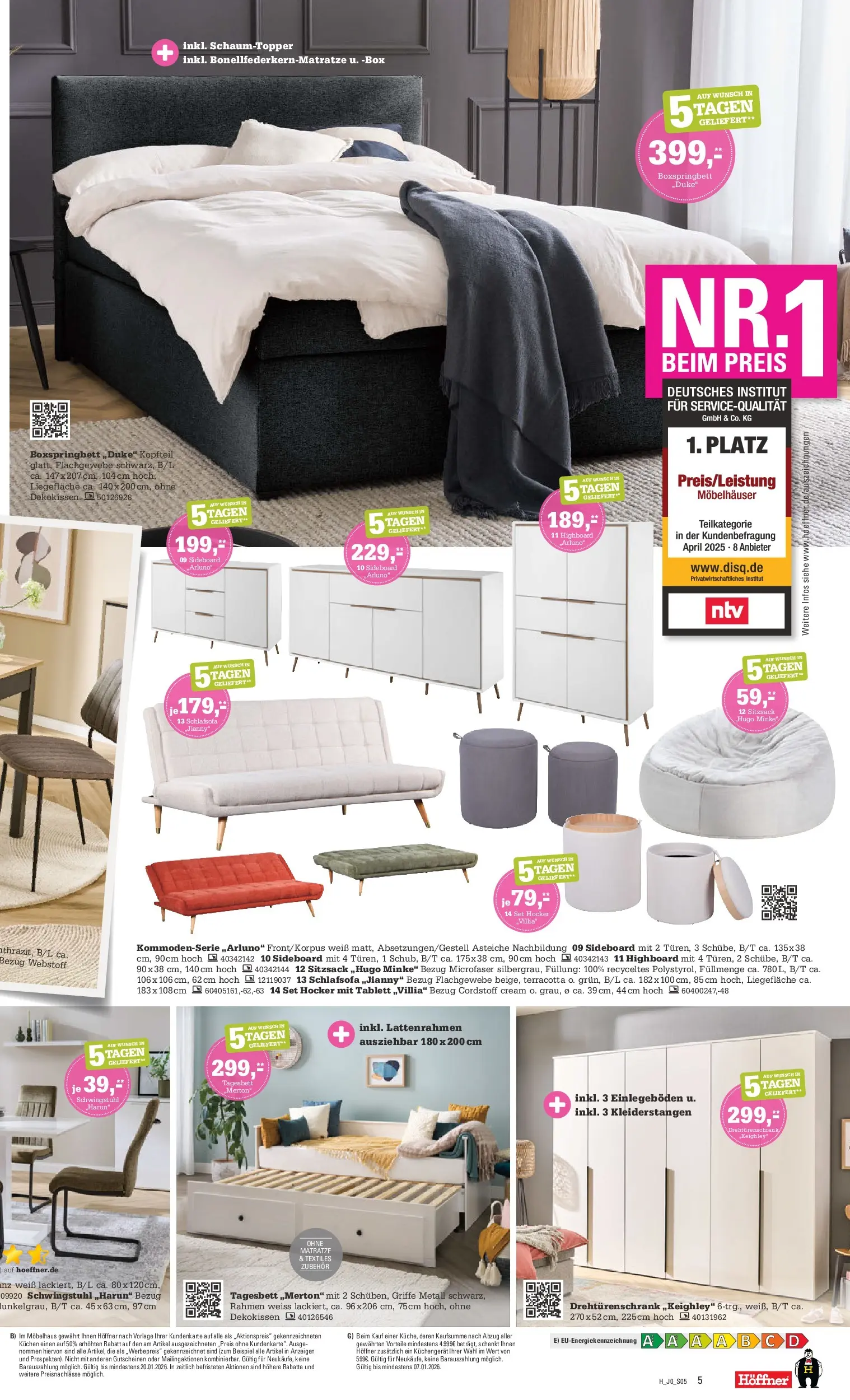 Höffner - Höffner: Möbelangebote (ab 23.12.2025) zum Blättern | Seite: 5 | Produkte: Sideboard, Sitzsack, Boxspringbett, Kuchen