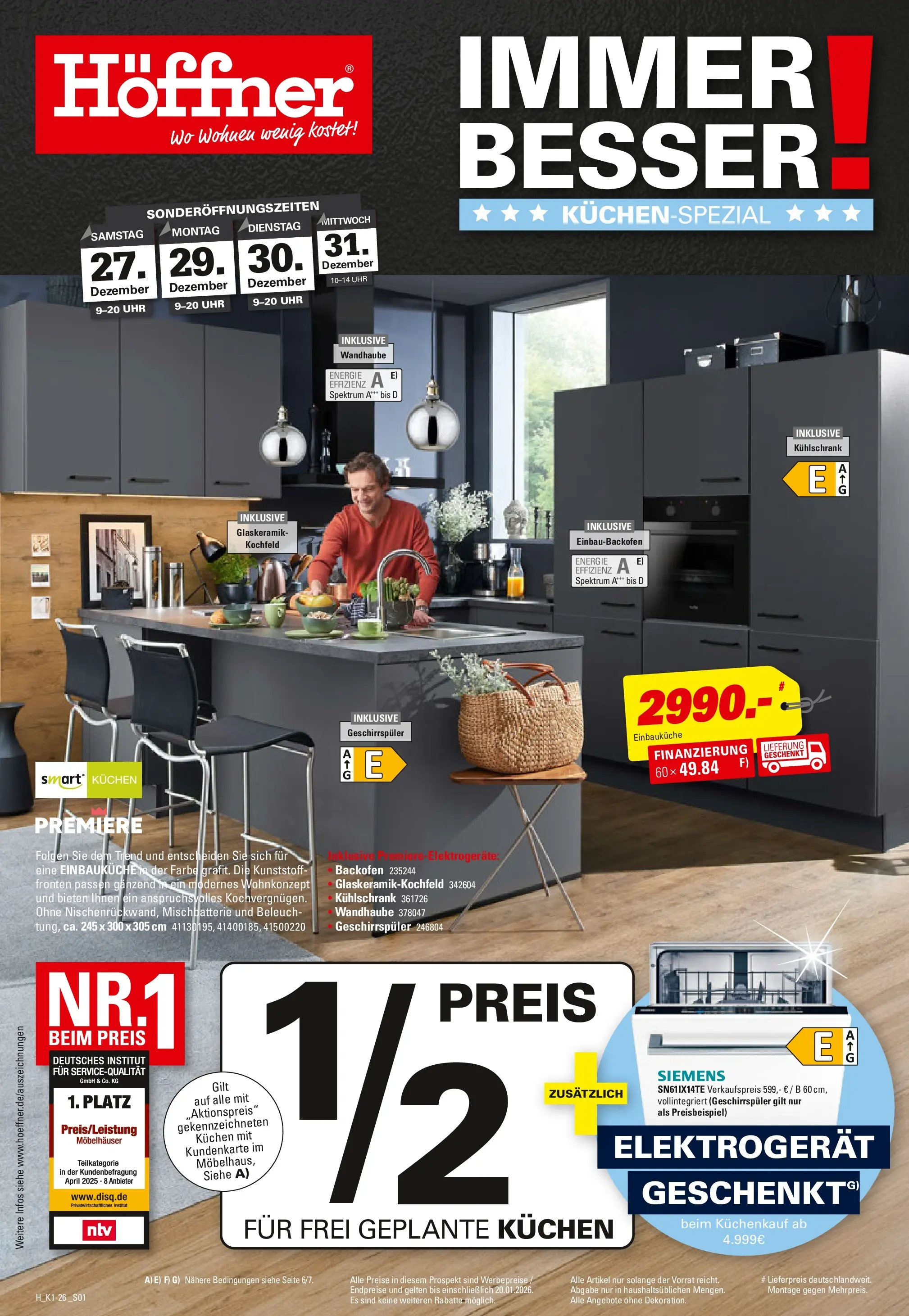 Höffner - Höffner: Möbelangebote (ab 23.12.2025) zum Blättern | Seite: 1 | Produkte: Geschirrspüler, Einbauküche, Kühlschrank, Kochfeld