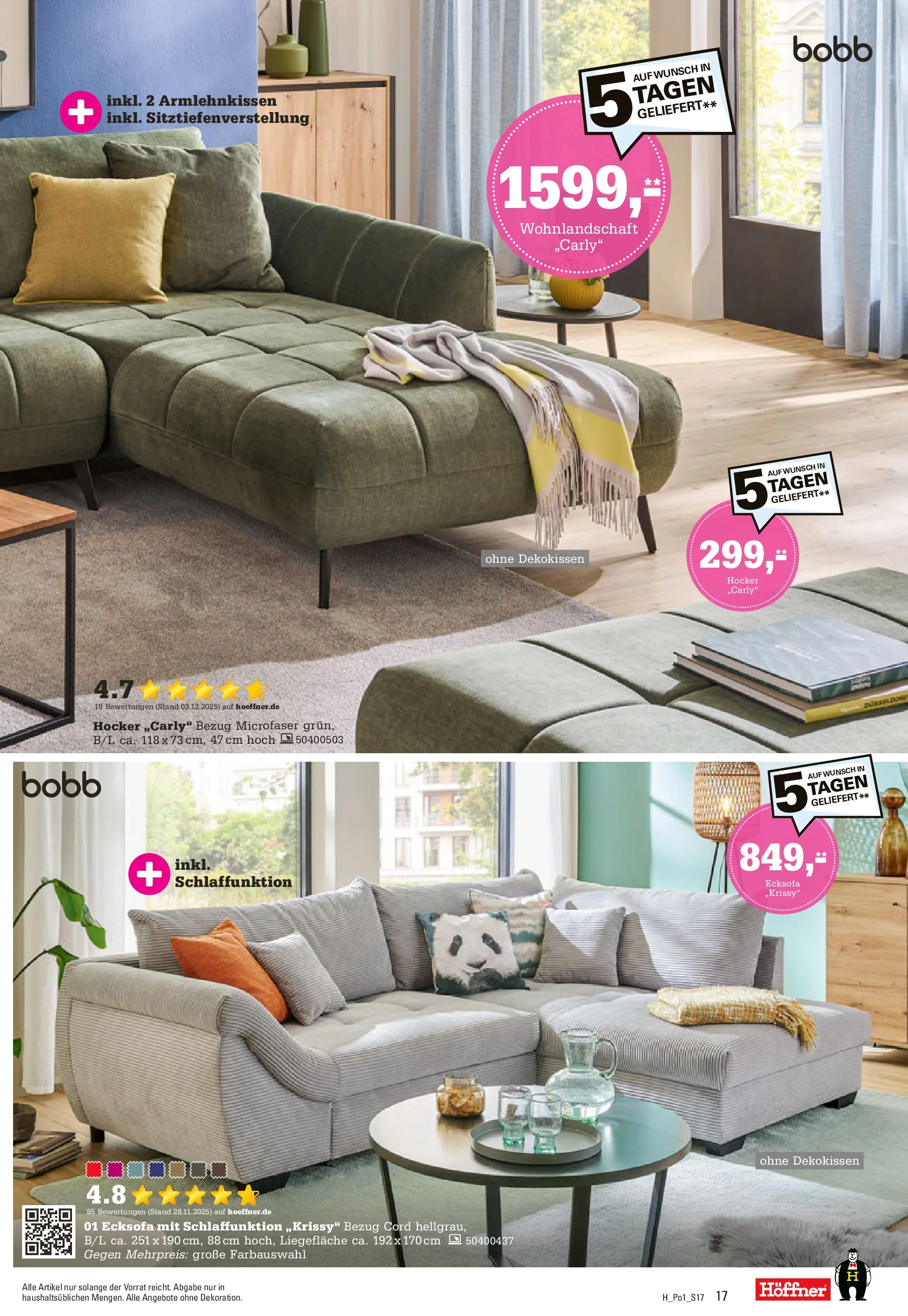 Höffner - Höffner: Möbelangebote (ab 23.12.2025) zum Blättern | Seite: 17 | Produkte: Wohnlandschaft, Hocker, Ecksofa