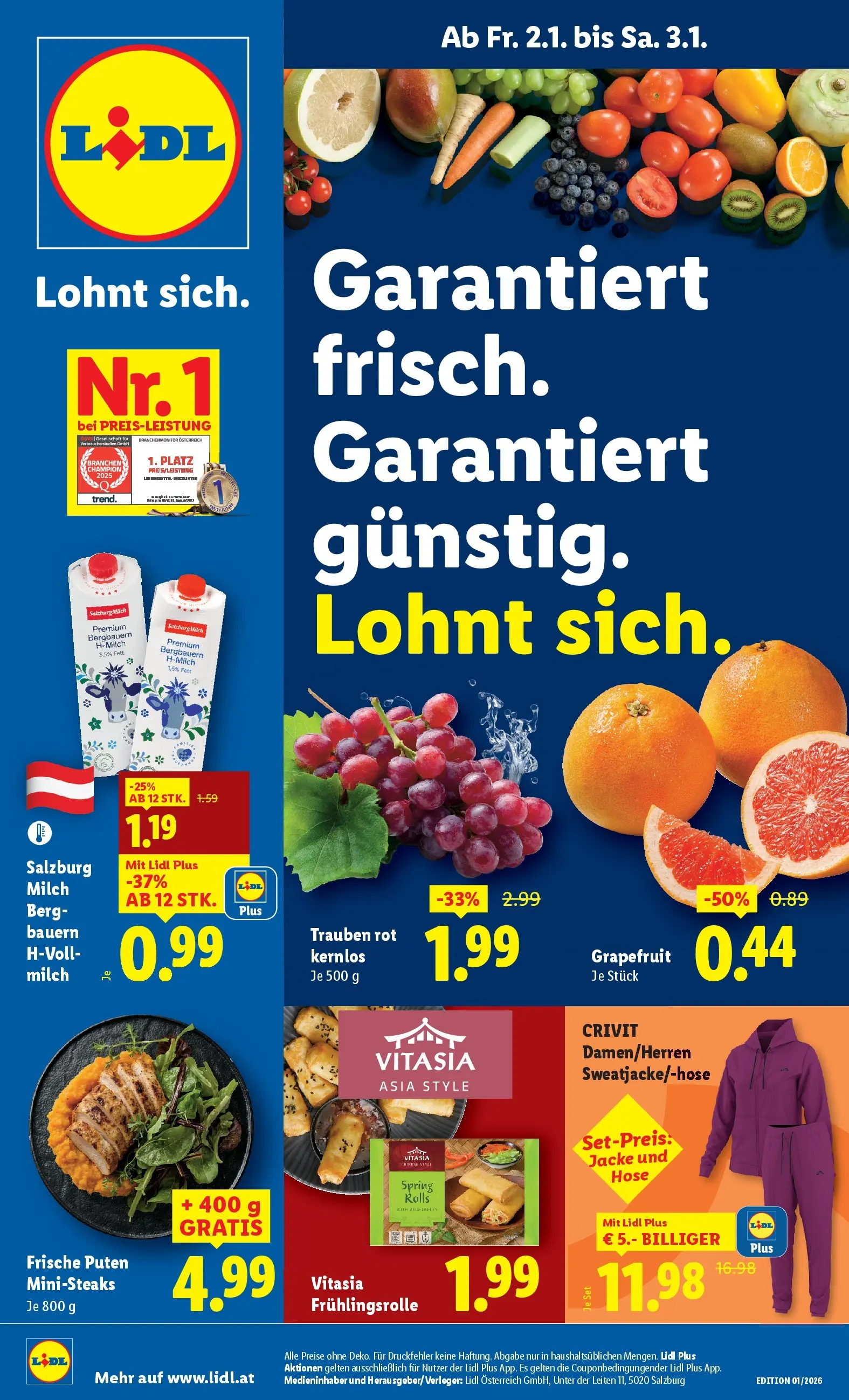 Lidl - Lidl: Flugblatt in deiner Nähe ab 01.01.2026 - Angebote ab donnerstag | Seite: 1 | Produkte: Jacke, Hose, Grapefruit, Milch
