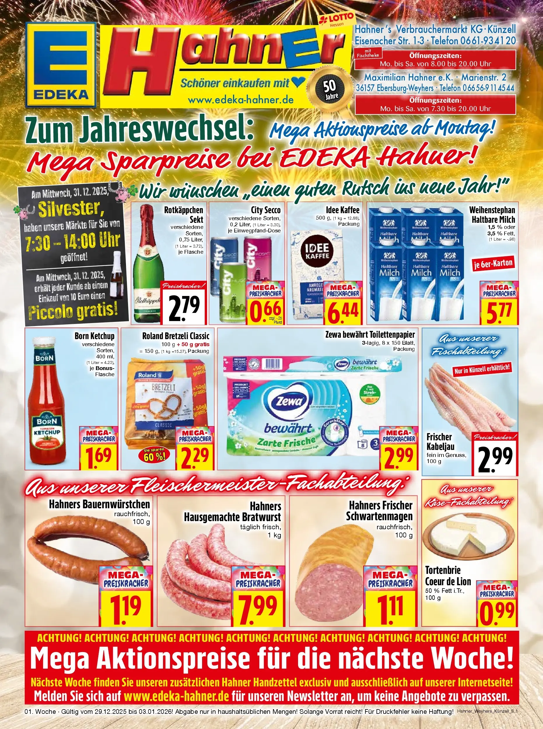 Entdecke - Edeka Hahner: Wochenangebote (ab 28.12.2025) zum Blättern | Seite: 1 | Produkte: Milch, Kaffee, Haltbare milch, Bratwurst