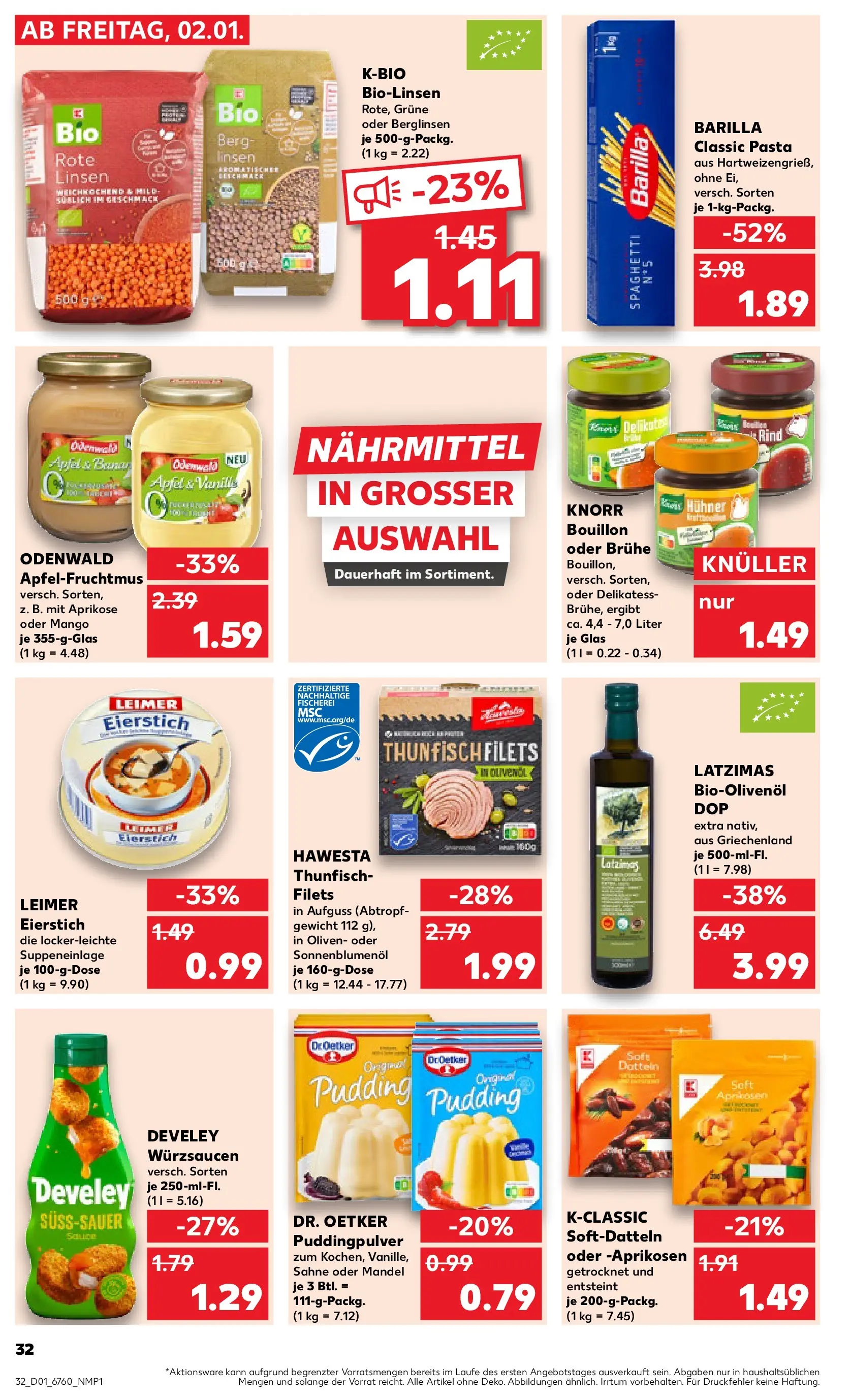 Prospekt Kaufland ab 02.01.2026 » Angebote Online zum Blättern | Seite: 32 | Produkte: Barilla, Sonnenblumenol, Knorr, Pudding