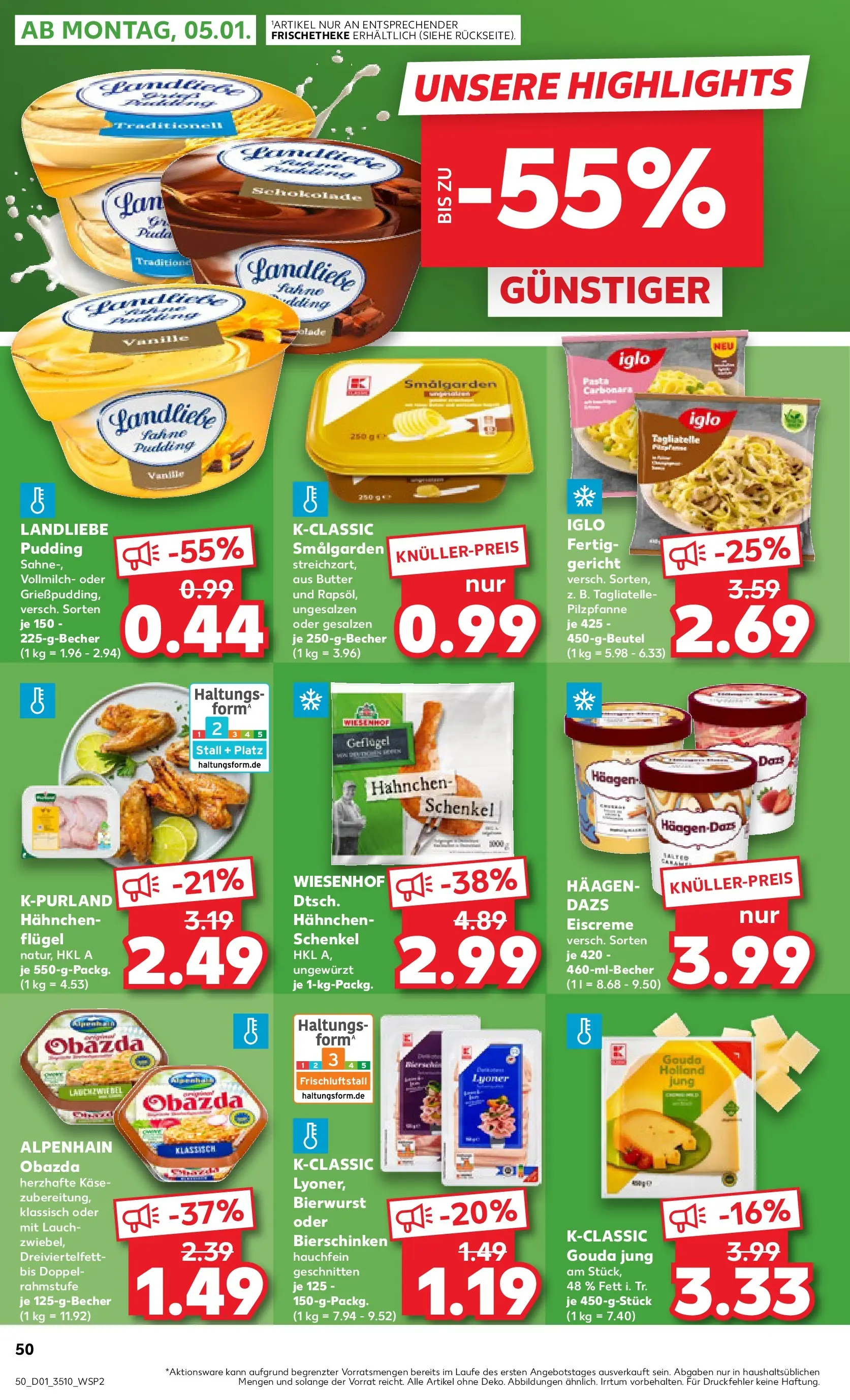 Prospekt Kaufland ab 02.01.2026 » Angebote Online zum Blättern | Seite: 50 | Produkte: Hahnchen, Butter, Käse, Iglo