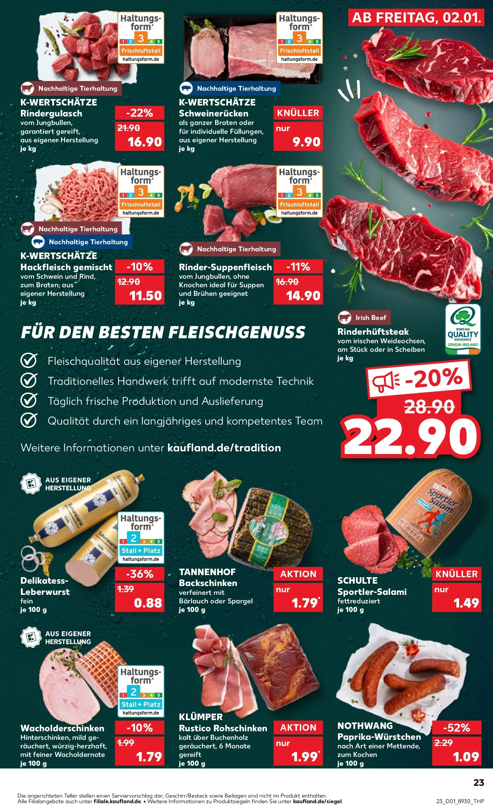 Prospekt Kaufland ab 02.01.2026 » Angebote Online zum Blättern | Seite: 23 | Produkte: Rindergulasch, Schweinerucken, Salami, Steak